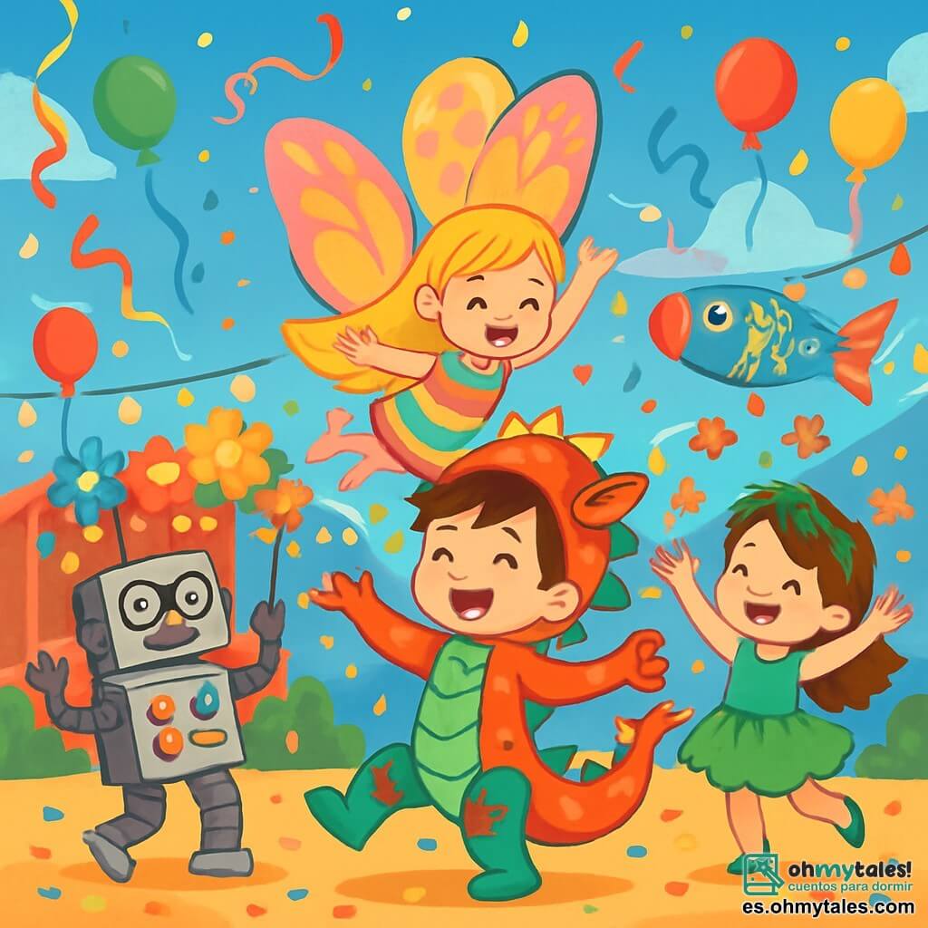 Hay 4 niños: - Samu: un niño de 5 años, con cabello castaño desordenado y ojos brillantes. Lleva un disfraz de dragón-caramelo colorido, con escamas rojas, verdes y azules, y una gran cola naranja. Baila alegremente en el centro de la imagen. - Valeria: una niña de 5 años, con cabello largo rubio y alas de mariposa brillantes. Viste un vestido colorido y vuela ligeramente sobre Samu, con una gran sonrisa en el rostro. - Nico: un niño de 6 años, con cabello negro y gafas. Está disfrazado de robot de cartón, con botones luminosos y brazos de metal. Se encuentra a la izquierda de Samu, haciendo movimientos de robot divertidos. - Sofía: una niña de 5 años, con cabello castaño y una corona de hojas. Lleva un tutú verde y está a la derecha de Samu, lanzando flores al aire con una expresión alegre. El lugar es una gran plaza de carnaval, llena de colores vivos. Globos flotan en el cielo azul, serpentinas bailan al viento y niños ríen alrededor de un gran escenario decorado con flores de papel y luces brillantes. En el fondo, se ve una gran carpa colorida con estrellas doradas. La situación principal muestra a los cuatro amigos bailando juntos en medio de la fiesta, rodeados de confeti que cae como copos de nieve coloridos, mientras una música alegre resuena en el aire.