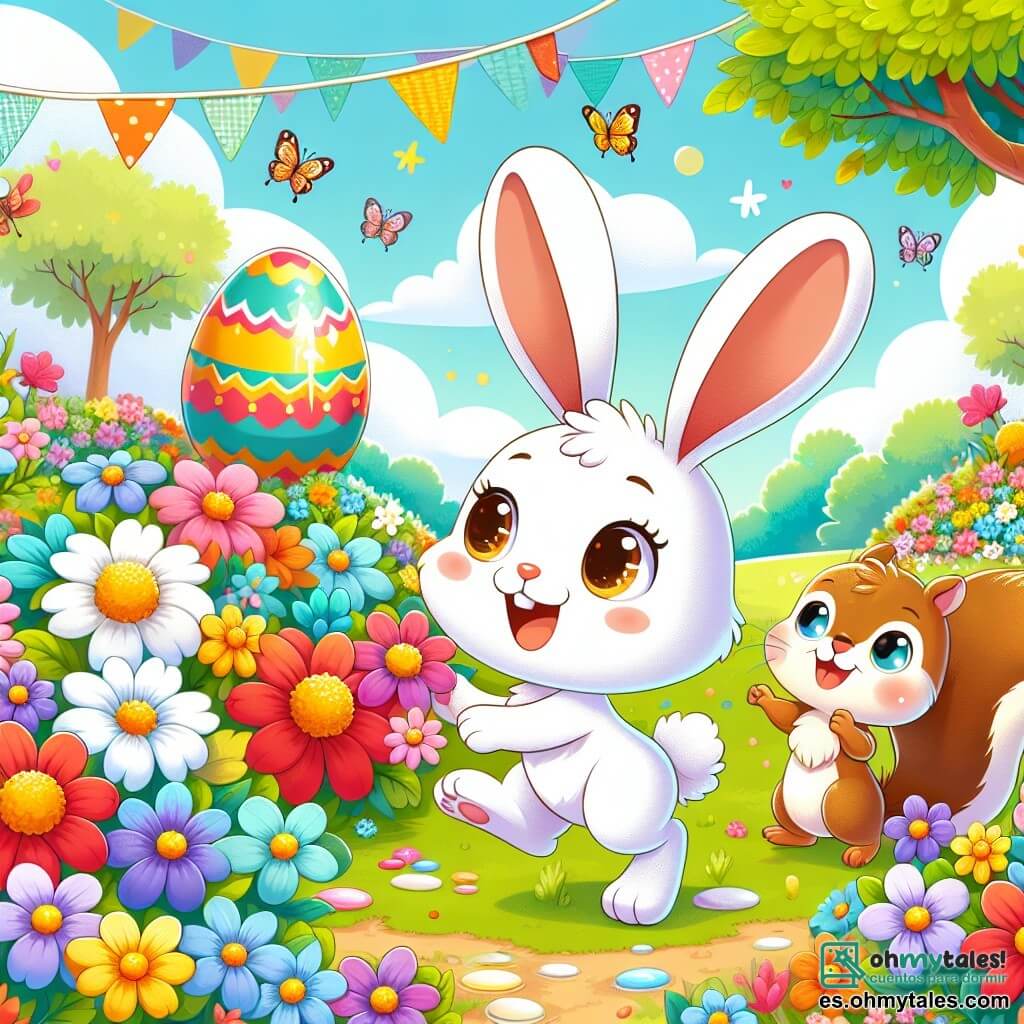 Ilustración que representa un pequeño conejo blanco con manchas marrones, grandes orejas y ojos chispeantes de curiosidad. Salta alegremente en medio de un jardín colorido, decorado con flores brillantes y guirnaldas de papel. Junto a él, una pequeña ardilla marrón con una cola esponjosa y ojos vivos, que sonríe entusiasmada mientras sostiene una flor en sus patas. El lugar principal es un jardín exuberante, lleno de flores de todos los colores: amarillas, rojas, azules y rosas, bajo un cielo soleado. La situación principal muestra al conejo y la ardilla descubriendo un gran huevo de Pascua dorado en el centro del jardín, que brilla bajo el sol, rodeado de pequeños huevos coloridos. Otros elementos gráficos incluyen mariposas revoloteando alrededor de las flores, guirnaldas de papel flotando en el viento y rayos de sol iluminando la escena, añadiendo un toque de magia y felicidad a la ilustración.