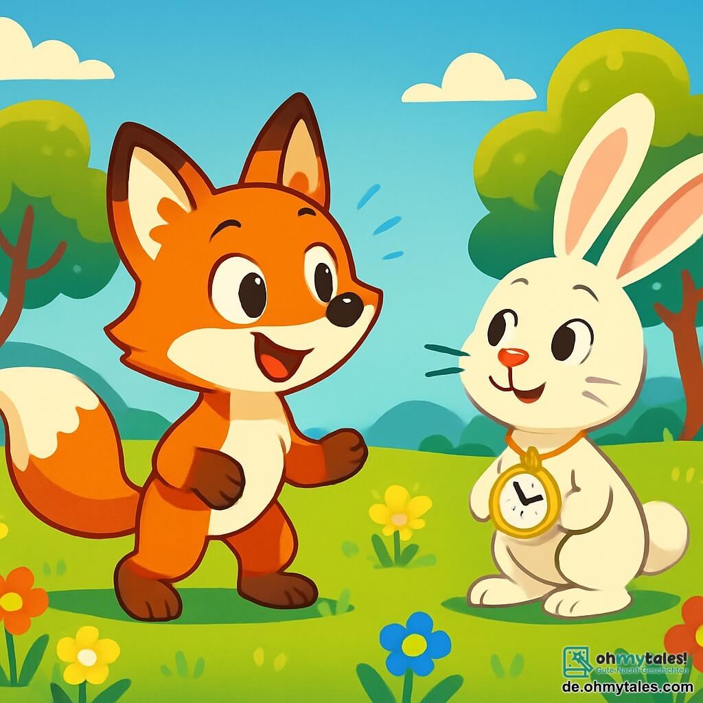 Ferdinand, der kleine Fuchs mit leuchtend rotem Fell und neugierigen Augen, steht inmitten einer sonnigen Wiese, die Ohren aufgerichtet und ein staunendes Lächeln im Gesicht. Er schaut um sich mit einem erstaunten Ausdruck, seine Vorderpfoten leicht erhoben, als wäre er bereit zu erkunden. In der Nähe beobachtet ein lustiger Hase mit großen Ohren und weißem Fell, namens Albert, Ferdinand mit einem freundlichen und neugierigen Blick. Albert, der eine kleine Taschenuhr um den Hals trägt, scheint von Ferdinands Anwesenheit fasziniert und steht auf seinen Hinterbeinen, bereit ihn zu begrüßen. Der Ort ist eine lebendige Wiese, übersät mit bunten Blumen, die im leichten Wind tanzen. Kleine Bäume mit gewundenen Stämmen und glänzenden Blättern bilden eine zauberhafte Kulisse, während der hellblaue Himmel bis zum Horizont reicht. Die Hauptsituation zeigt Ferdinand, der staunend diese neue, seltsame und magische Welt entdeckt, während Albert näher kommt, um ihm Fragen über seine Zeitreise zu stellen.