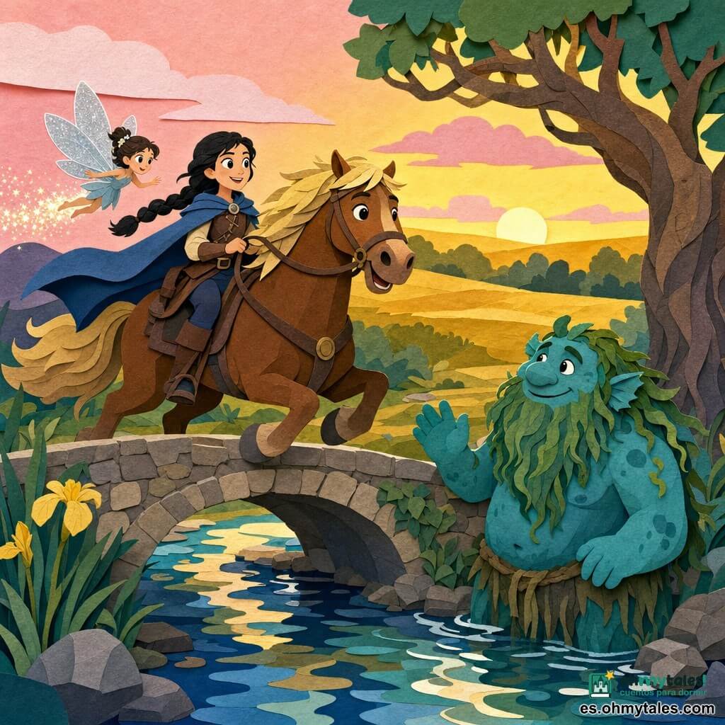 Lira, vigía valiente y sonriente de trenza negra y ojos brillantes, viste capa azul y túnica de cuero, sujeta la brida de su caballo y mira al horizonte; Brío, semental pardo de crin dorada, galopa alegre delante hacia las praderas; Fina, pequeña hada de aspecto infantil con alas plateadas que dejan una estela luminosa, la guía; un ogro de agua amistoso pero imponente, piel azul verdosa y barba de algas, está junto a un pequeño puente de piedra sonriendo mientras los deja pasar; lugar: puente de piedra sobre un arroyo de reflejos oscuros y claros, árboles retorcidos en la orilla, praderas doradas y cielo matinal rosa y amarillo; ambiente luminoso, colores vivos, contrastes marcados y formas recortadas sencillas y legibles para niños.