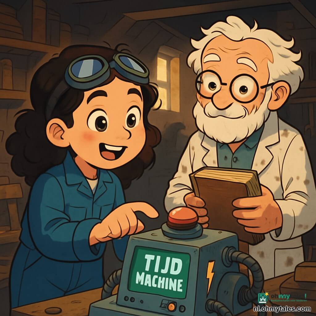 Een 12-jarig meisje, Luna, met krullend bruin haar, draagt een blauwe klusoverall en heeft een veiligheidsbril op haar voorhoofd. Ze kijkt verwonderd en nieuwsgierig, met sprankelende ogen van opwinding terwijl ze voor een kleine tijdmachine staat, met een heldere rode knop binnen handbereik. Naast haar staat haar grootvader, een oudere man met een rommelige witte baard en ronde brillen, die vriendelijk glimlacht. Hij draagt een met olie bevlekte laboratoriumjas en houdt een oud boek in zijn handen, terwijl hij Luna aandachtig observeert. De scène speelt zich af in een donkere, rommelige kelder, vol oude boeken, roestige gereedschappen en vreemde machines, met houten planken die kraken onder het gewicht van de voorwerpen. Stralen van licht filteren door een klein raam en verlichten het stof in de lucht. Luna staat op het punt de rode knop van de tijdmachine in te drukken, haar hart klopt in haar keel, ongeduldig om de geheimen van het verleden of de toekomst te ontdekken.