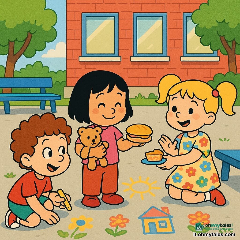Mina, 4 anni, felice e timida, volto rotondo, capelli neri corti e lisci, pelle leggermente abbronzata mediterranea, tiene il suo orsacchiotto beige e porge un panino a un compagno; Leo, ~5 anni, pelle chiara, capelli castani molto ricci, sorridente e curioso, accovacciato accanto a Mina con un gessetto giallo; Giulia, ~5 anni, pelle chiara, capelli biondi a due codini, veste a fiori, applaude e offre una fetta di crostata di mele a Mina; cortile di ricreazione luminoso con pavimento in cemento decorato da grandi disegni a gesso multicolori, panchine blu, alberi verdi e cielo azzurro; scena centrata su Mina che sorride accettando la fetta, atmosfera calda e accogliente di condivisione e giochi.