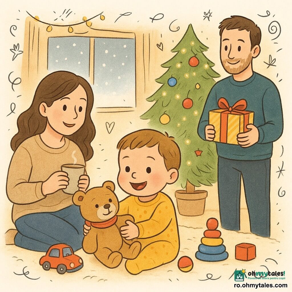 Un băiat de 2 ani, cu obrajii rotunzi și roșii, ochi mari și curioși, stă pe un covor moale, înconjurat de jucării colorate. Zâmbește vesel privind un ursuleț de pluș cu o mică eșarfă roșie. O femeie de aproximativ 30 de ani, cu păr șaten și un zâmbet cald, stă lângă băiat, ținând o cană de ceai aburindă. Poartă un pulover din lână moale și îl privește pe băiat cu tandrețe. Un bărbat de aproximativ 35 de ani, cu păr scurt și o barbă ușoară, stă lângă bradul de Crăciun decorat cu lumini sclipitoare și globuri colorate. Ține un mic cadou învelit în hârtie strălucitoare cu o panglică roșie. Scena se desfășoară într-un living confortabil, cu un brad de Crăciun mare și iluminat într-un colț, ghirlande luminoase agățate pe pereți și o fereastră prin care se vede zăpada căzând ușor. Situația principală îl arată pe băiat descoperind cadoul cu uimire, în timp ce lumina blândă a bradului luminează camera, creând o atmosferă caldă și festivă.