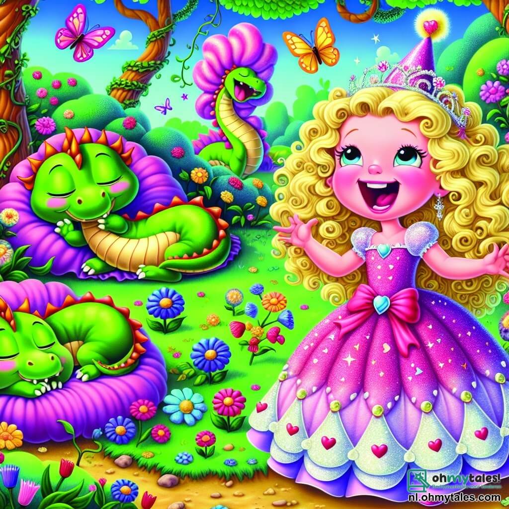 Een blije prinses, Pien, met krullend blond haar en een sprankelende roze jurk versierd met harten, lacht luid in een betoverde tuin. Haar ogen stralen van plezier terwijl ze naar drie slapende drakons kijkt. De eerste draak, een kleine jongen met groene schubben en rode vlekken, draagt een feesthoed. De tweede, een draak in een paarse tutu, heeft een zoete droom, terwijl de derde, een oude draak met een grote witte snor, luid snurkt, liggend op een bed van kleurrijke bloemen. De tuin is vol met gigantische bloemen in felle kleuren, bomen met spiraalvormige stammen en glinsterende vlinders die in de lucht dansen. Grappige plantwortels komen uit de grond, klaar om grappen te maken. In deze leuke scène ontdekt Pien de slapende drakons en maakt zich klaar om ze wakker te maken voor een avontuur vol lachen en verrassingen.