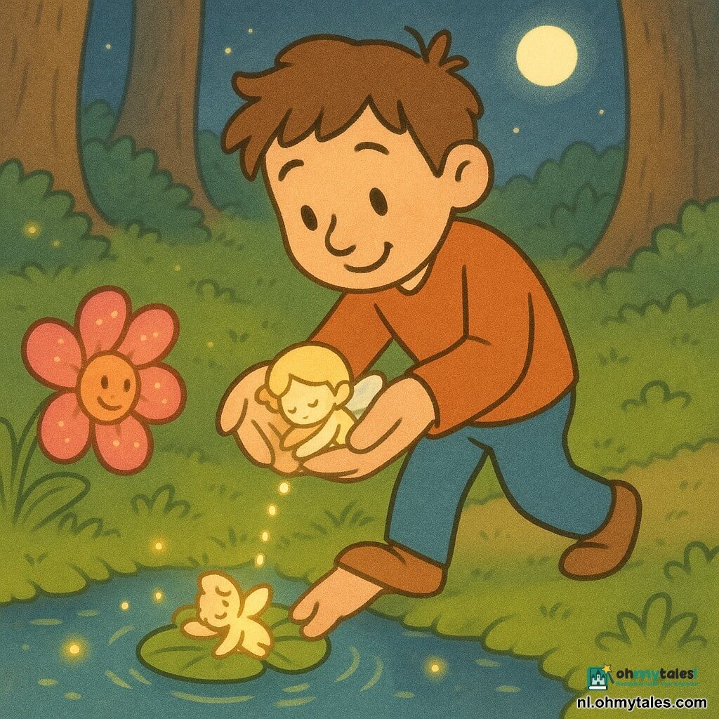Een jonge warme glimlachende man met warrig bruin haar en zachte ronde ogen draagt een kleine magische ster in zijn holle handen en loopt langzaam over een mosachtig pad; een minuscule sterrenfee (meisje) ter grootte van een erwt met lichtgeel lichaam en doorzichtige vleugels slaapt gekruld in zijn handen, een lichtgevende bloem met felroze bloemblaadjes buigt bij zijn linkerhand naar een spiegelend vijvertje, en de man legt de fee voorzichtig op een groot drijvend blad terwijl parelachtige lichtdruppels op het water vallen en kleine vuurvliegjes doen oplichten — zachte kleuren, warme contrasten, ronde vormen, magische geruststellende sfeer.
