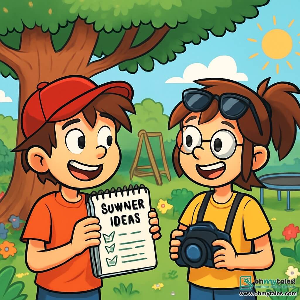 There are two main characters: Jamie, an 11-year-old boy with a red baseball cap, messy brown hair, and a big smile, holding a notebook filled with ideas, standing on the left, looking excitedly at Riley; and Riley, an 11-year-old girl with a messy ponytail, sunglasses on her forehead, and a camera around her neck, on the right of Jamie, smiling and ready to capture the moment. The main setting is Jamie's garden, filled with colorful flowers and lush trees, featuring a large wooden swing and an old trampoline in the background. The sun shines in a clear blue sky, creating a joyful summer atmosphere. The main situation shows Jamie and Riley standing under a large maple tree, surrounded by their summer activity list, enthusiastically discussing their plans, with sparkling eyes ready for unforgettable adventures together.