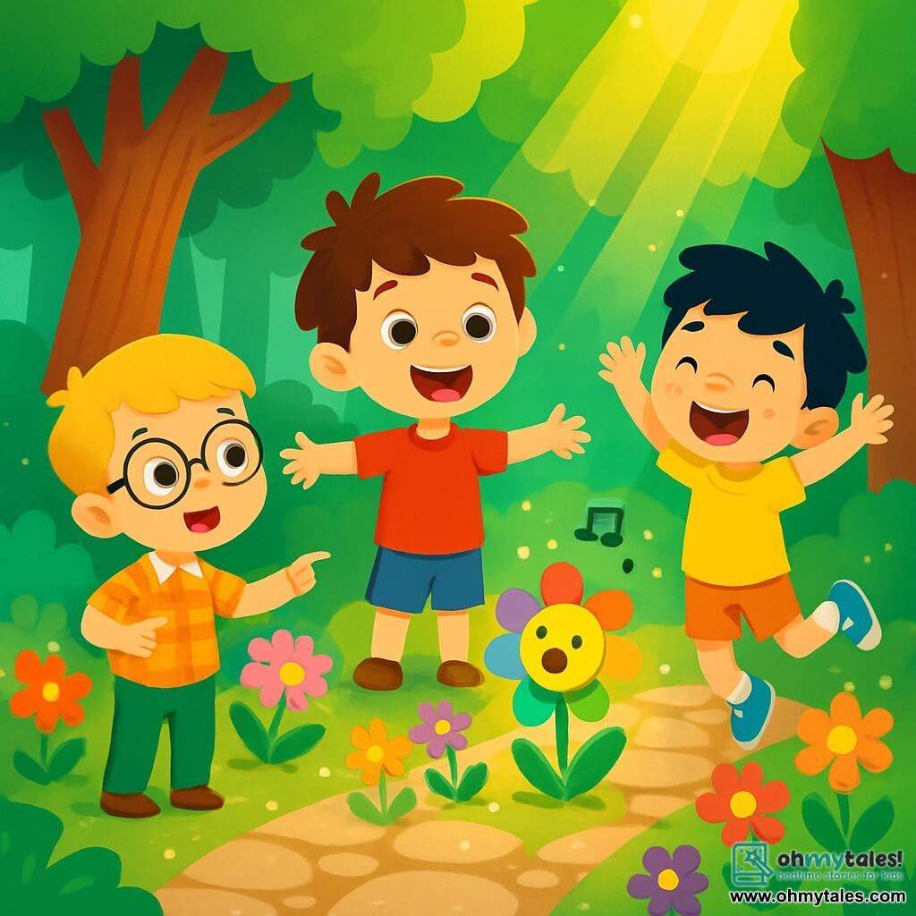 There are three characters: Tom, a 7-year-old boy with messy brown hair, wearing a red t-shirt and blue shorts, standing in the center with arms outstretched and a big smile showing his enthusiasm; Sam, a 6-year-old boy with blonde hair and round glasses, wearing a plaid shirt and green pants, slightly to the left, pointing at a colorful singing flower; and Max, a 7-year-old boy with black hair and freckles, dressed in a yellow t-shirt and orange shorts, on the right, jumping for joy with arms raised and bright eyes full of excitement. The setting is an enchanted forest with majestic trees, vibrant green leaves, and multicolored flowers lining a sparkling stone path, as soft sunlight filters through the branches, illuminating the scene in a golden light. The main situation shows the three friends discovering a magical singing flower, surrounded by vivid colors and sparkling lights, their faces radiating joy and wonder as the flower sways gently to its enchanting melody.