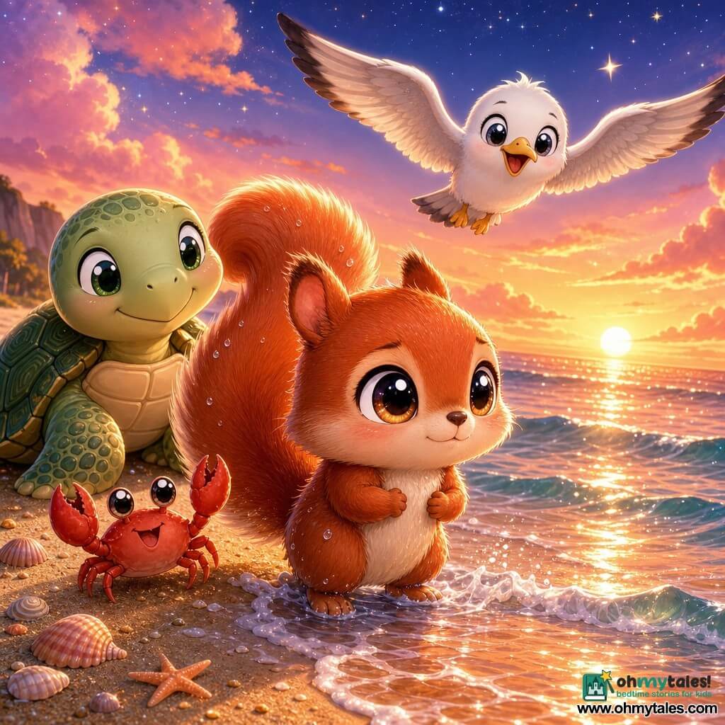A chibi squirrel with bright round eyes and a very bushy tail, soft reddish fur, shy but determined, standing with its front paws in shallow water looking at the sea; behind it on the sand sits a wise chibi turtle with gentle eyes and a green‑patterned shell, smiling proudly; a white chibi seagull with a yellow beak flies above with slightly spread wings, joyful and encouraging; a small bright red crab on the sand beside the squirrel raises its claws as if applauding. Sunset beach with textured golden sand, translucent foamy waves with pink and orange reflections, a few sparkling shells and an emerging starry sky. Central scene: the squirrel crosses the sand-sea line as a small wave touches it, warm optimistic atmosphere, saturated pastel colors, soft light with clear contrasts, centered composition, cute expressive style, detailed textures (fur, shell, water droplets).