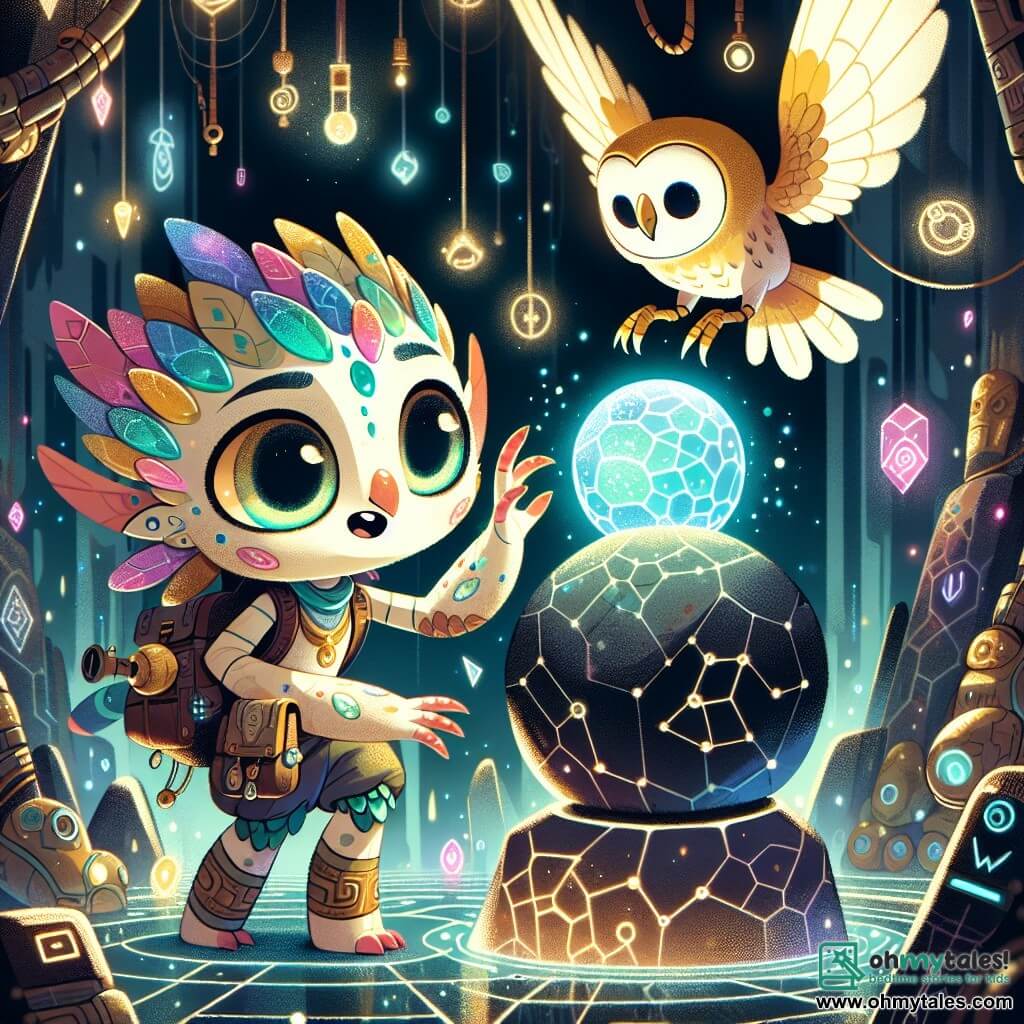 Zinnia, a small creature with shimmering star-like scales and delicate hummingbird wings, stands before the Techno-Magic Orb, her face illuminated with wonder and determination. She carries a small backpack filled with tools, and her eyes shine with excitement as she reaches out to the floating Orb. Beside her, Twiddle, a robotic owl with golden wings and bright eyes, observes curiously, his expression a mix of wisdom and pride. He perches on a floating stone, ready to guide Zinnia on her quest. The setting is the Orb Chamber, a magical space filled with twinkling lights and floating runes, with crystal walls reflecting the vibrant colors of the Orb at the center, creating a fairy-tale and mysterious atmosphere. The main scene shows Zinnia, full of courage, about to touch the Orb, surrounded by glowing puzzles that float around her, symbolizing the challenges she must overcome to access her power.