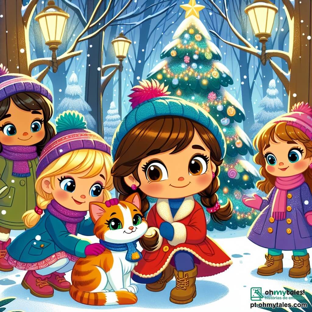 Em uma floresta mágica coberta de neve cintilante, quatro meninas de 8 anos estão juntas, cercadas por árvores majestosas decoradas com flocos de neve. Ana, uma menina morena com grandes olhos brilhantes, usa um casaco vermelho vivo e um gorro combinando, agachada acaricia um gato laranja, Bolinha. Beatriz, com cabelos loiros e tranças, está ao lado de Ana, sorrindo entusiasticamente e apontando para o topo de um grande pinheiro decorado com luzes. Clara, com cabelos castanhos e um casaco roxo, observa a cena com um sorriso admirado. Daniela, com cabelos negros, está em sua cadeira de rodas, vestindo um casaco verde e segurando um sininho dourado, pronta para fazer um pedido. A cena acontece em uma clareira encantada, onde a neve brilha como diamantes sob o sol, e uma luz dourada emana do pinheiro, criando uma atmosfera festiva. As meninas, ao redor de Bolinha, acabaram de encontrar o gato perdido e estão prontas para fazer um pedido ao Papai Noel, que apareceu em um brilho de luz, trazendo magia à sua aventura de Natal.