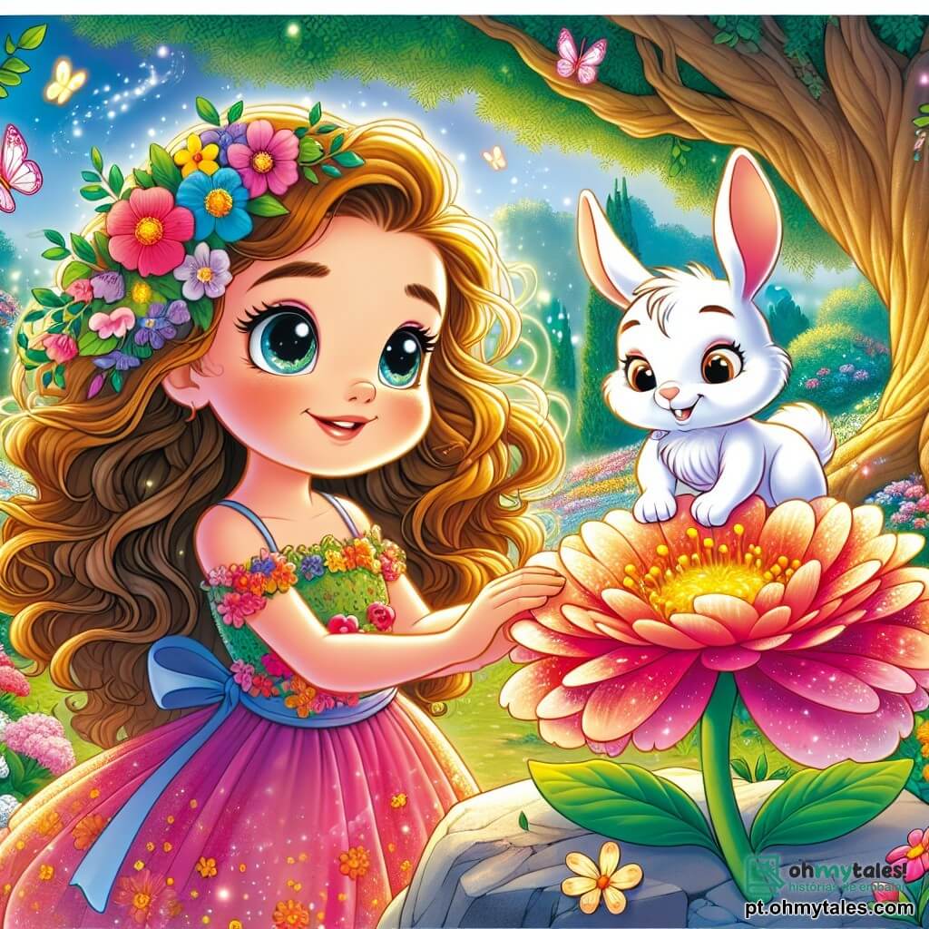 Uma menina de 8 anos, Lúcia, está no centro de um jardim secreto, com os olhos brilhando de curiosidade e alegria. Ela tem cabelos longos e cacheados, de um castanho dourado, e usa um vestido colorido adornado com flores. Lúcia toca delicadamente uma grande flor com pétalas vibrantes, parecendo maravilhada com sua beleza. Ao lado dela, um travesso coelhinho branco chamado Pipo, com grandes orelhas e um sorriso travesso, observa Lúcia com olhos brilhantes. Ele está sentado em uma pedra, pronto para dar conselhos, enquanto uma leve brisa faz seus pelos dançarem. O jardim é um lugar encantador, cheio de flores multicoloridas que dançam ao vento, com uma grande árvore majestosa no centro, cujas folhas brilham como estrelas ao sol. Borboletas voam ao redor, adicionando um toque de magia à atmosfera. Nesta cena, Lúcia descobre a magia do jardim enquanto faz perguntas a Pipo, criando um momento de encantamento e descoberta.