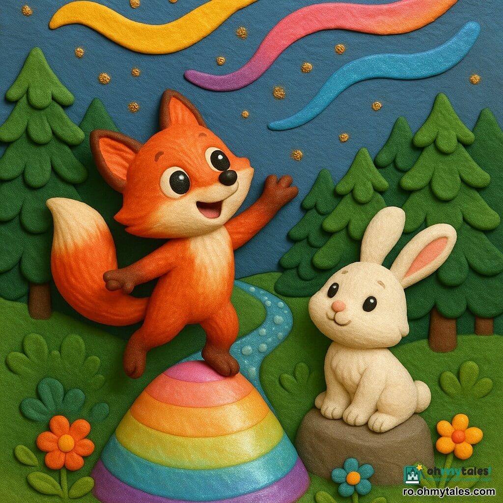 Un mic vulpoi roșcat cu blană moale și ochi jucăuși stă pe vârful unui con colorat, ridicând o labă, iar în spate un iepuraș alb pufoșel cu urechi lungi zâmbește timid privind luminile cerului; conul are benzi curcubeu satinate cu flori mici la picioare, în jur se întinde o pădure simplificată de brazi și un pârâu cristalin de perle, iar cerul e presărat cu panglici luminoase — scenă liniștită și aventuroasă, cu cei doi prieteni celebrați central, paletă caldă și contrast blând.