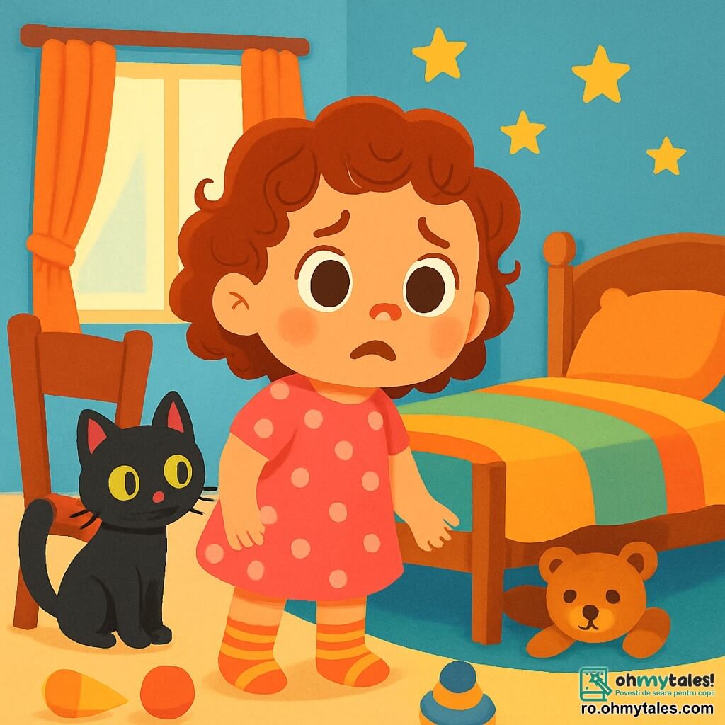 O fetiță de 2 ani, Daria, cu ochi mari și strălucitori și păr creț, își caută ursulețul de pluș cu o expresie de îngrijorare pe față. Este îmbrăcată cu o rochie frumoasă roz cu buline și poartă șosete dungi. Lângă ea, pisica ei neagră cu ochi verzi, curioasă și jucăușă, observă scena frecându-se de un scaun. Camera este caldă, cu pereți vopsiți în albastru cer, stele aurii lipite pe tavan și un pat confortabil acoperit cu pături colorate. Jucăriile sunt împrăștiate pe podea, iar o lumină blândă pătrunde prin perdele. Daria, cu un aer determinat, caută sub pat și în spatele pernelor, chemându-și ursulețul de pluș, pregătită să trăiască o aventură amuzantă înainte de a adormi.