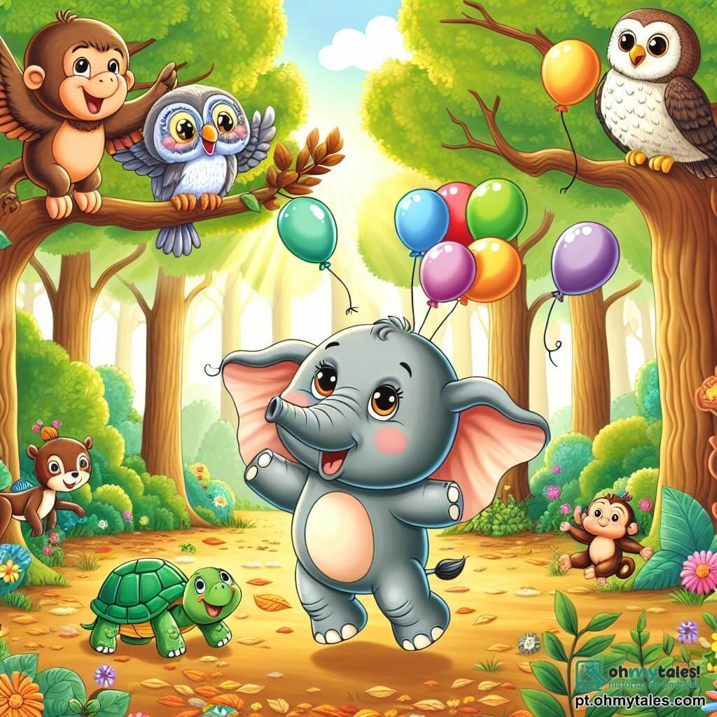 Um elefante alegre chamado Bubu, com pele cinza e grandes orelhas, está no centro da cena, com os olhos brilhando de excitação, pulando com balões coloridos amarrados às patas. À sua direita, uma coruja sábia chamada Nini, com penas marrons e grandes olhos redondos, voa acima deles, rindo e incentivando Bubu. À esquerda, um pequeno macaco travesso chamado Pepe, com pelagem marrom e um sorriso travesso, está subindo em um galho, pronto para pular. Mais adiante, uma tartaruga calma chamada Lili, com uma carapaça verde e olhos suaves, avança lentamente no chão, observando a cena com um sorriso benevolente. A cena se passa em uma floresta encantada, repleta de árvores majestosas com folhas verdejantes, flores coloridas e raios de sol filtrando pelas ramas. No chão, folhas douradas criam um tapete suave e acolhedor. Bubu e seus amigos estão prontos para participar de uma corrida de balões, todos rindo e se incentivando, prontos para voar pelos ares em uma aventura cheia de alegria e camaradagem.