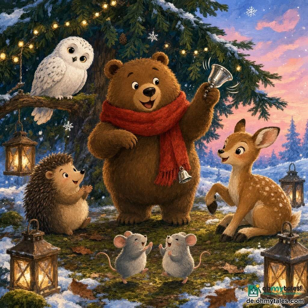 Ein rundes, flauschiges braunes Bärchen mit lächelndem Gesicht und glänzenden Augen trägt ein großes rotes Halstuch mit einer kleinen silbernen Schelle, die es sanft mit der Pfote läutet; auf einem niedrigen Ast sitzt die weiße Schneeeule Lumi aufmerksam, rechts des Bären sitzt das beige gefleckte Rehkitz Lila, links der kleine Igel Pieks, zwei winzige graue Schneemaus‑Figuren hoppeln vorn; alle stehen in einer verschneiten Lichtung unter einem geschmückten Tannenbaum mit warmen Lichterketten und schimmernden Flocken, gemütliche, friedliche Festtagsstimmung, gemalt mit dicken Gouache‑Texturen.