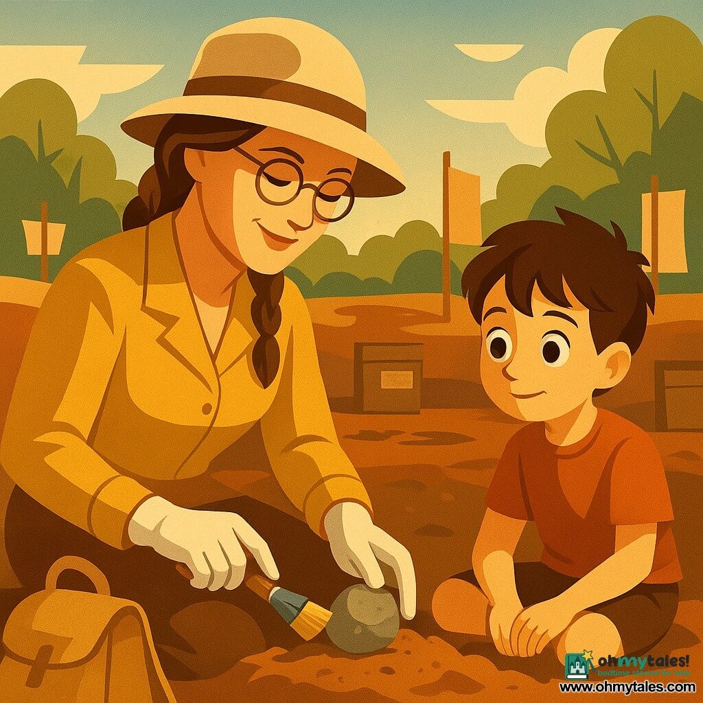 A smiling, serene female archaeologist in a beige soft fabric hat, light yellow jacket and clean gloves sits on the ground leaning forward, holding a small brush and mini pick as she gently brushes a small smooth gray round stone; she is an adult about 30–35 with light brown hair in a braid, fair skin and thin glasses, wearing an attentive, tender expression. A boy named Noah, about 7, with messy brown hair, fair skin and large curious eyes, sits to her left with his hands on his knees, watching in wonder. The afternoon excavation site has ochre soil, small fabric flags, labeled wooden boxes, a bucket and a nearby backpack, green trees in the background and warm golden sunlight. The main moment is the archaeologist discovering the stone while brushing slowly, fine dust falling and a calm, peaceful, reassuring atmosphere.