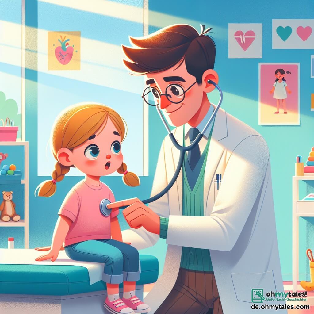 Ein lächelnder und freundlicher Arzt namens Doktor Max trägt einen weißen Kittel und ein buntes Stethoskop um den Hals. Er hat braune Haare und eine runde Brille und hört aufmerksam das Herz eines Kindes ab. Neben ihm sitzt ein etwa 6-jähriges Mädchen mit blonden Zöpfen und einem besorgten Gesicht auf einem Untersuchungstisch. Sie trägt ein pinkes T-Shirt und schaut Doktor Max mit neugierigen Augen an. Die Klinik ist hell und einladend, mit hellblauen Wänden, bunten Gesundheitsplakaten und verstreuten Spielzeugen auf dem Boden. Ein Fenster lässt Sonnenlicht herein, was eine warme Atmosphäre schafft. Doktor Max beruhigt das kleine Mädchen, das Bauchschmerzen hat, und erklärt ihr mit einem Lächeln, dass alles gut wird und er ihr helfen wird, sich besser zu fühlen.