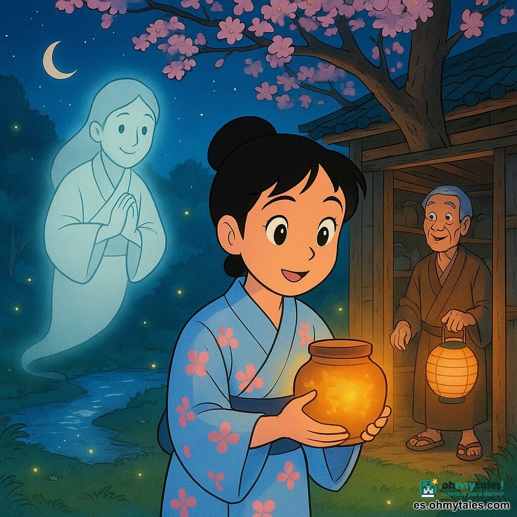 Hana, mujer de rostro dulce y sonriente, ojos grandes y cabello negro en moño, viste un kimono azul pálido con motivos de cerezos y sostiene una pequeña jarra cerámica que emite una luz dorada; detrás flota un espíritu del bosque translúcido en kimono blanco con mirada benevolente; un anciano del pueblo de unos 70 años, canoso y arrugado, sostiene una linterna de papel en el umbral del taller, admirando la escena; claro nocturno bajo un gran cerezo en flor, musgo verde, luciérnagas, un arroyo que refleja la luna y un taller de madera con puertas correderas abiertas y estanterías de cerámica; Hana descubre el taller perdido y levanta la jarra luminosa, atmósfera mágica con colores cálidos alrededor de la jarra y tonos azul-rosados en el cielo y las flores, composición centrada y de líneas claras.