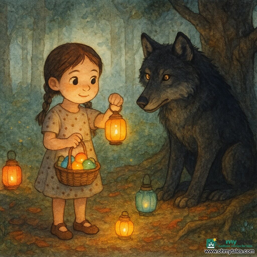 A 6-year-old girl with a round face and brown hair in two braids, big curious eyes and a brave, slight smile, holding a small wicker basket of colorful lanterns that glow softly; seated or standing, counting a lantern between her fingers, wearing a simple polka-dot dress and leather shoes, with a confident yet delicate posture; a large dark wolf with black-and-gray fur and bright amber eyes crouched behind an old oak to the girl's right, watching with curiosity rather than menace, at a respectful distance with massive paws visible and a slightly hunched silhouette in the root shadows; a clearing in a dense forest with russet leaves, gnarled trunks, green moss and small wildflowers, sun rays filtering in backlight; several colorful lanterns float or rest on stones and roots, each emitting a warm aura with tiny sparks; the scene shows the girl counting lanterns while the wolf observes, gentle tension turned curiosity, warm tones for the lanterns and cool tones for the wolf and forest; textured watercolor style with visible granulation, soft edges, light shadows and sparkling highlights around the lanterns.