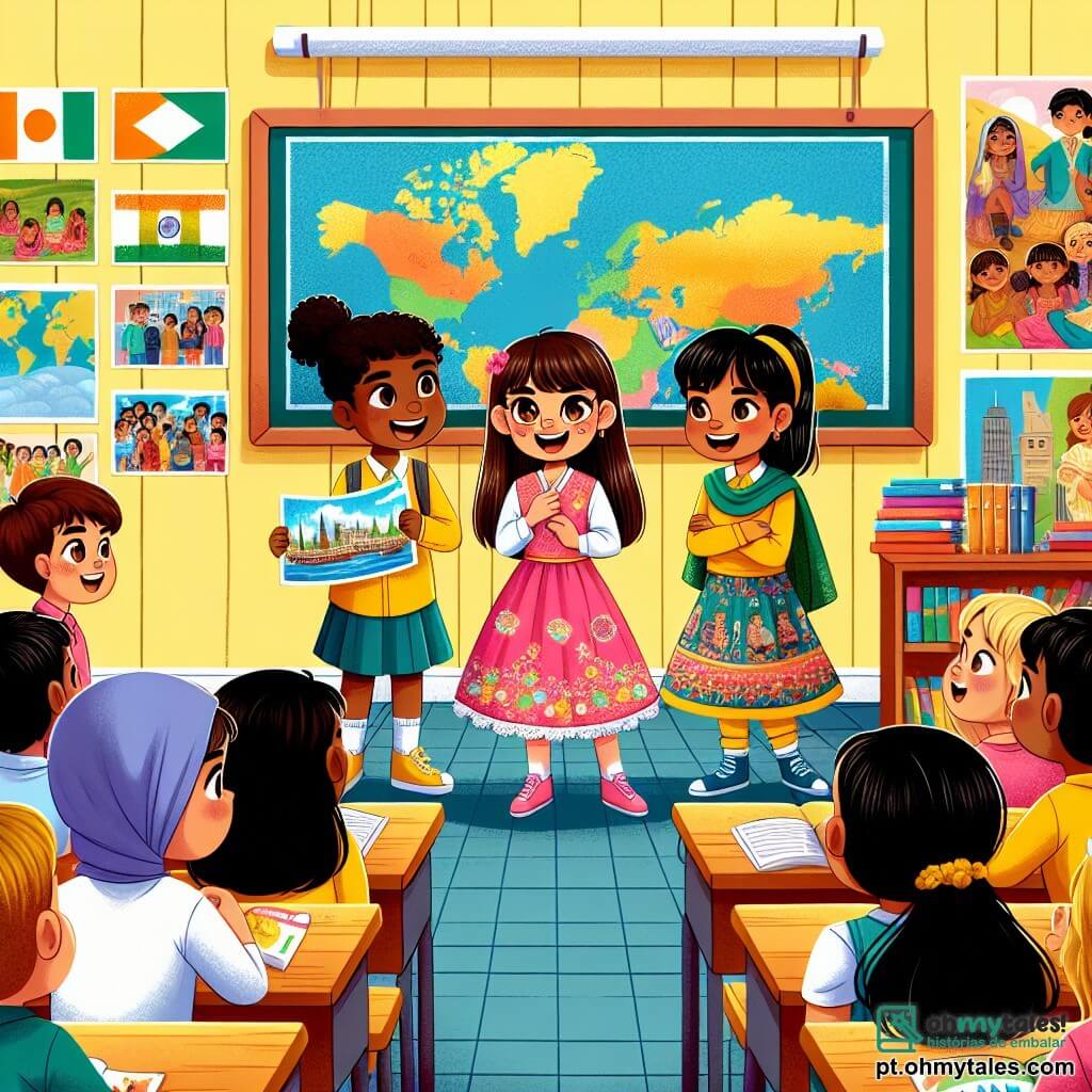 Em uma sala de aula colorida, três meninas de nove anos estão no centro. Sofia, com cabelos castanhos e olhos brilhantes, usa um vestido rosa e sorri entusiasmada ao mostrar uma foto do Japão. À sua direita, Sara, com cabelos negros e olhos castanhos, veste uma camiseta amarela e ouve atentamente, pronta para compartilhar histórias sobre a Índia. À esquerda, Camila, com cabelos castanhos e olhos verdes, usa uma saia colorida e segura uma bandeira brasileira, ansiosa para falar sobre a cultura de seu país. A sala está decorada com pôsteres de diferentes culturas e mapas do mundo nas paredes. Alunos sentados em carteiras de madeira escutam atentamente, alguns anotando, outros levantando a mão para fazer perguntas. A cena principal mostra as três meninas compartilhando suas descobertas sobre diversidade cultural e a importância do respeito mútuo, abordando também os desafios do racismo. Seus rostos expressam paixão e determinação, enquanto um quadro negro ao fundo exibe palavras como "respeito", "amizade" e "diversidade".