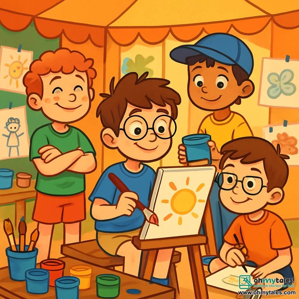 There are 4 children: Oliver, a 10-year-old boy with messy brown hair and round glasses, wearing a blue t-shirt and beige shorts. He is sitting on a wooden bench, holding a brush and looking at his painting with a proud smile. Max, also 10, has curly red hair and freckles, wearing a green t-shirt and red shorts. He stands next to Oliver, arms crossed, with a big smile showing his support. Ethan, another 10-year-old with black hair and a baseball cap, wears a yellow t-shirt and blue pants. He stands behind Oliver, holding a pot of paint, ready to help. Charlie, a 10-year-old with brown hair and rectangular glasses, wears an orange t-shirt and black shorts. He sits on the floor, drawing on a sheet, admiring Oliver. The main setting is an arts and crafts tent at camp, filled with bright colors, decorated walls with children's drawings, and tables covered with paint pots, brushes, and blank canvases. Sunlight filters through the tent openings, creating a warm and welcoming atmosphere. The main scene shows Oliver enthusiastically painting while his friends encourage and admire his work, fostering a sense of camaraderie and support. The vibrant colors of the paints and the joyful expressions on their faces celebrate creativity and acceptance.