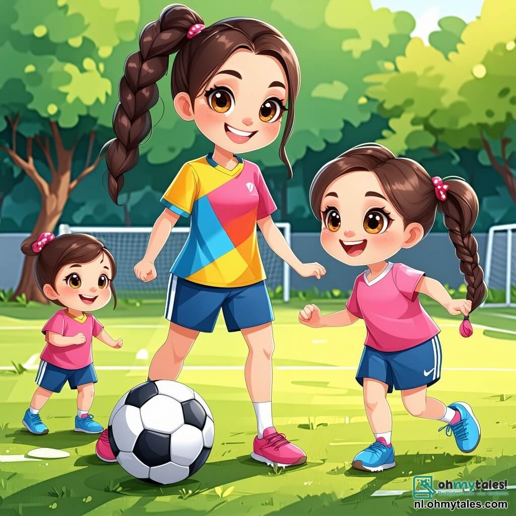Lotte, een atletische jonge vrouw met bruin haar in een paardenstaart, draagt een kleurrijk voetbalshirt en een short, met een grote glimlach van vreugde en vastberadenheid terwijl ze de kinderen laat zien hoe ze moeten dribbelen. Sara, een 8-jarig meisje met vlechten en een roze t-shirt, oefent met dribbelen, haar ogen stralend van opwinding terwijl ze probeert de aanwijzingen van Lotte op te volgen. Een 9-jarige jongen, Lucas, met een blauwe pet en een zwarte short, rent achter de bal aan, lachend en plezier makend met zijn vrienden. De locatie is een uitgestrekt groen voetbalveld, omringd door grote bomen en een houten tribune waar andere kinderen met bewondering kijken. De lucht is blauw met enkele witte wolken, en de zon schijnt, wat een vrolijke en dynamische sfeer creëert. De belangrijkste situatie toont Lotte die voetbaltraining geeft aan de kinderen, hen aanmoedigend om plezier te hebben terwijl ze samen leren spelen, met lachen en juichen om hen heen.
