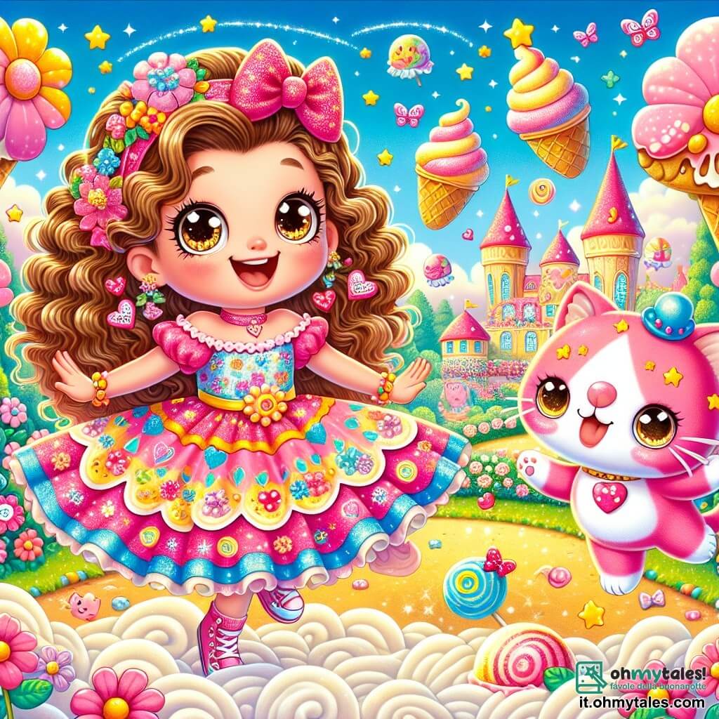 Una ragazza di 9 anni, Nina, con lunghi capelli ricci e occhi scintillanti di curiosità, si trova al centro dell'immagine, con un grande sorriso sul volto mentre danza gioiosamente su un tappeto di panna montata. Indossa un vestito colorato decorato con motivi di fiori e gelati, e alza le braccia in aria, come se stesse celebrando una vittoria. Accanto a lei, Blufi, un gatto volante rosa con occhiali a forma di cuore e un cilindro, fluttua nell'aria ridendo con stelle negli occhi. È circondato da piccole bolle di gelato che fluttuano intorno a lui, aggiungendo un tocco di magia alla scena. Lo sfondo è un giardino incantato, pieno di fiori giganti che danzano al ritmo di una melodia gioiosa, mentre un grande castello di zucchero filato si erge sullo sfondo, con finestre di caramello che brillano sotto il sole. Nuvole a forma di animali colorati galleggiano in un cielo blu splendente. La situazione principale mostra Nina e Blufi mentre celebrano la loro vittoria dopo aver trovato la prima pallina di gelato magico, circondati da risate e colori vivaci, catturando lo spirito ludico e assurdo della loro avventura.