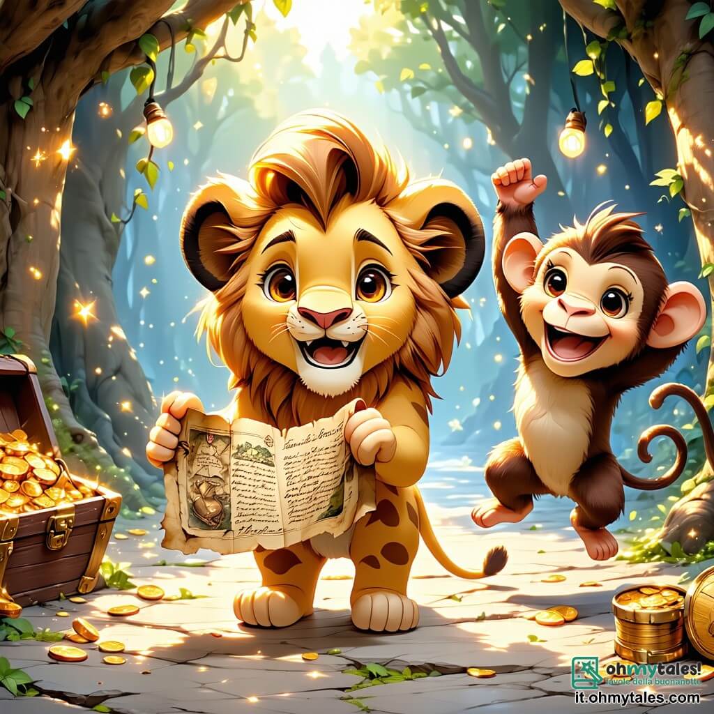 Un piccolo leoncino di nome Leo, con una pelliccia dorata e grandi occhi scintillanti di curiosità, si trova al centro della scena, tenendo una vecchia mappa del tesoro con un grande sorriso di eccitazione sul volto. Alla sua destra, una piccola scimmietta di nome Mimi, con pelliccia marrone e occhi maliziosi, salta di gioia, le braccia alzate in aria, piena di entusiasmo. A sinistra, un elefantino di nome Toto, con pelle grigia e grandi orecchie, guarda la mappa con un'espressione concentrata, gli occhi brillanti di ammirazione. Lo sfondo è una giungla lussureggiante, piena di alberi giganti con foglie verdi brillanti, fiori colorati e raggi di sole che filtrano attraverso il fogliame, creando un'atmosfera magica. In lontananza, si intravede un grande albero maestoso, simbolo della loro ricerca, con radici nodose e fiori vivaci che sembrano invitare gli avventurieri a scoprire un segreto. La scena principale mostra Leo, Mimi e Toto in piena esplorazione, pronti a seguire la mappa verso un tesoro misterioso, i loro volti illuminati dall'eccitazione dell'avventura che li attende.