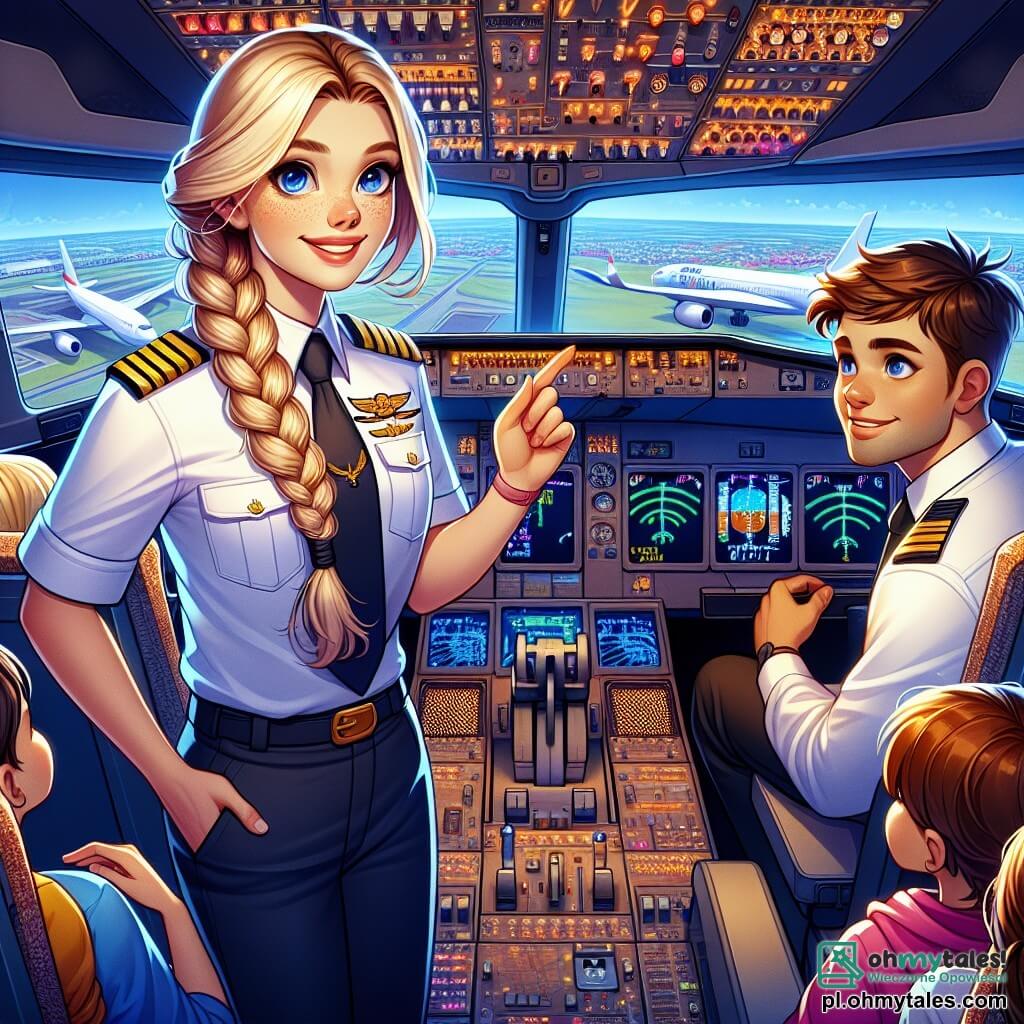 Kobieta pilot, Kapitan Iga, dumnie stoi w kokpicie dużego samolotu, jej oczy błyszczą determinacją i pasją. Ma zaplecione blond włosy, nosi nienaganny uniform pilota z złotymi pagonami i uśmiecha się ciepło, pokazując dzieciom kontrolery. Obok niej Michał, pierwszy oficer, mężczyzna około 30 lat, z brązowymi włosami, w białej koszuli i czarnej krawacie, uważnie obserwuje dzieci, gotowy odpowiedzieć na ich pytania z przyjaznym uśmiechem. Za nimi grupa dzieci w wieku od 8 do 10 lat siedzi na fotelach kokpitu, z oczami szeroko otwartymi z fascynacji. Niektóre mają papierowe czapki pilota, inne trzymają małe modele samolotów. Kokpit jest wypełniony migającymi światłami, kolorowymi przyciskami i dużymi ekranami wyświetlającymi mapy lotów. Ściany zdobią mapy świata i zdjęcia samolotów. Główna scena pokazuje Igę tłumaczącą dzieciom, jak pilotować samolot, podczas gdy rozlega się alarm, dodając emocji do atmosfery. Dzieci są zafascynowane, uważnie słuchając, podczas gdy Iga pozostaje spokojna i pewna siebie, gotowa poprowadzić je przez tę lotniczą przygodę.