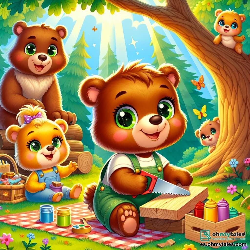 Un pequeño oso marrón llamado Bruno, con ojos brillantes y una sonrisa radiante, está serrando una tabla de madera bajo un gran roble. Lleva un pequeño delantal de tela y parece concentrado, con mejillas rosadas de emoción. A su lado, su hermana Lila, una osa de pelaje dorado y ojos brillantes, sonríe alegremente sosteniendo una caja de pintura colorida, lista para decorar su nueva casa en el árbol. Su padre, un oso robusto con pelaje marrón oscuro, los observa con orgullo, mientras que su madre, una osa dulce y cariñosa, prepara bocadillos sobre una manta de cuadros cercana. La escena tiene lugar en un hermoso bosque verde, donde los rayos del sol filtran a través de las hojas, creando patrones luminosos en el suelo. Flores coloridas salpican el suelo y los pájaros cantan alegremente en las ramas. Bruno y su familia están construyendo su casa en el árbol, rodeados de herramientas y materiales, compartiendo risas y amor en un ambiente veraniego alegre.