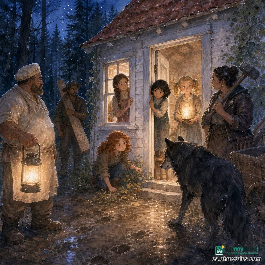 Hay ocho personajes: cuatro niñas de 10 años —Alma, castaña clara con trenza, seria, junto a la ventana con la mano en el marco mirando fuera; Brisa, pelo negro corto, alerta, subida a un taburete junto a la ventana observando la puerta; Lía, pelirroja y rizada, curiosa, agachada examinando hojas en el umbral; Nora, rubia con coletas, medio sonriendo y algo inquieta, atrás en la habitación sosteniendo una lámpara de aceite que proyecta luz cálida—; un lobo grande y oscuro de pelaje negro con reflejos grises, ojos almendrados color cobre, a mitad de camino entre la puerta y los árboles, con el hocico algo bajado y postura vacilante; un panadero adulto y robusto con delantal con harina y una gran linterna de cristal ahumado a la izquierda del camino; una herrera de fuerte complexión con chaqueta de cuero y martillo al hombro a la derecha del camino junto a una carreta; y un carpintero adulto con sombrero viejo llevando una larga tabla al hombro ligeramente detrás de los otros dos. Lugar: pequeña casa baja de madera pintada de blanco con tejado de tejas rojas, puerta maciza cerrada con mirilla y ventana de cuadricula que emite luz cálida, umbral de piedra y camino de tierra embarrado con huellas, detrás del lobo un bosque denso de troncos negros y agujas de pino bajo un cielo crepuscular índigo. Situación: escena nocturna tensa y en silencio: las cuatro niñas miran desde la ventana la figura vacilante del lobo junto a la puerta mientras tres vecinos forman un semicírculo vigilante alrededor de la casa con linternas y herramientas cuyas luces cálidas ahuyentan parcialmente la sombra del lobo.