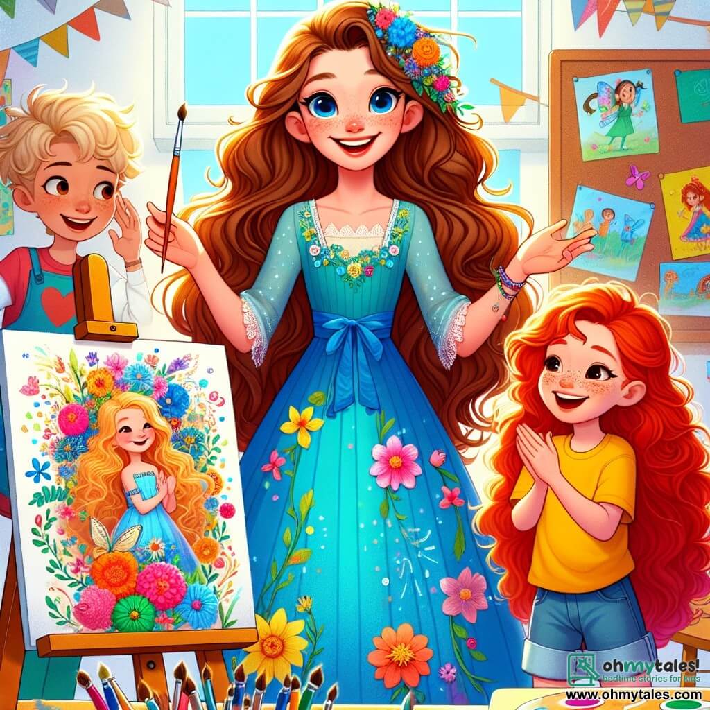 In the center of the image, an 8-year-old girl named Lily stands with a big smile on her face. She has long, shiny curly hair and is wearing a pretty blue dress adorned with colorful flowers. Her eyes sparkle with excitement as she proudly presents her artistic poster, filled with vibrant drawings of flowers and magical creatures. Next to her is another girl, Mia, also 8 years old, with bright red hair and freckles on her face. She enthusiastically claps, her eyes shining with joy, wearing a yellow t-shirt and denim shorts. In the background, Miss Brown, a woman in her thirties with glasses and curly hair, smiles warmly. She wears a colorful apron and holds a paintbrush in one hand, encouraging the children with a kind look. The scene takes place in a bright and welcoming classroom, decorated with children's drawings on the walls and colorful paper garlands hanging from the ceiling. Wooden tables are arranged in a semi-circle, with crayons, brushes, and paint scattered across the tables, creating an artistic and joyful atmosphere. The main situation shows Lily, full of confidence, sharing her love for art with her friends and teacher during a big art event at school, surrounded by applause and smiles.