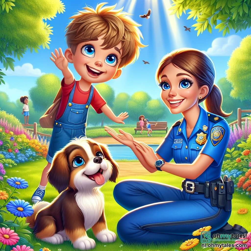 Agent Lotte is een glimlachende vrouwelijke politieagent, gekleed in een heldere blauwe uniform met een glanzende badge op haar borst. Ze heeft bruin haar dat in een paardenstaart is vastgebonden en sprankelende ogen van vreugde. Ze is gehurkt en steekt haar hand uit naar een kleine hond, Max, met een tevreden en vriendelijke uitdrukking op haar gezicht. Naast haar kijkt een klein jongetje van ongeveer 7 jaar met wild blond haar en blauwe ogen naar zijn hond met een enorme glimlach. Hij draagt een rood t-shirt en een spijkerbroekshort, en hij is ook gehurkt, klaar om zijn trouwe vriend te omhelzen. De scène speelt zich af in een zonnig park, vol kleurrijke bloemen en groene bomen. Je kunt vogels horen zingen in de takken en kinderen verderop op het gras zien spelen. In deze hoofdscène hebben agent Lotte en het jongetje net Max, de verloren hond, teruggevonden en delen ze een moment van vreugde en opluchting, omringd door de schoonheid van de natuur.