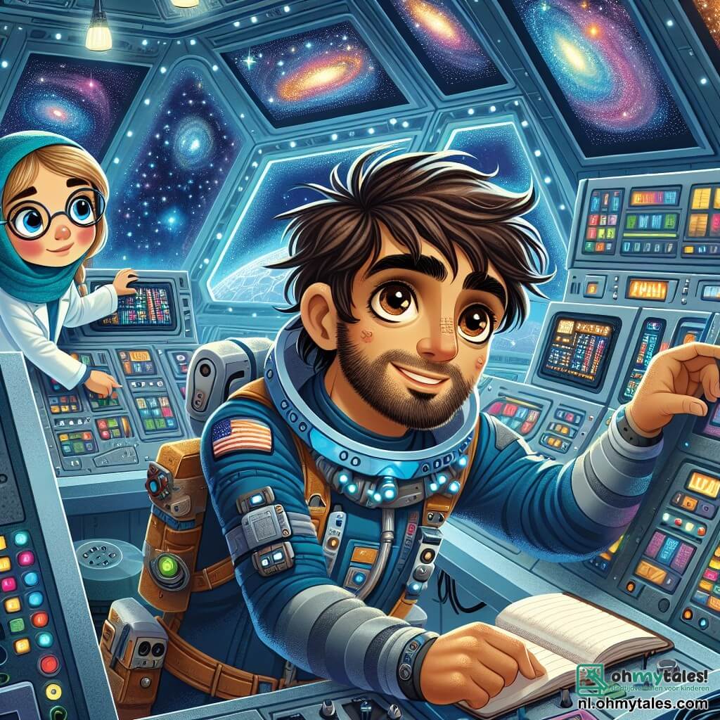 Max, een man van rond de dertig met rommelig bruin haar en nieuwsgierige ogen, is bezig een controlepaneel te repareren op het ruimtestation Nebula-7. Hij draagt een blauwe ruimtepak versierd met futuristische gadgets en heeft een vastberaden glimlach, wat zijn enthousiasme voor de uitdaging laat zien. Naast hem staat een jonge wetenschapper, een meisje van ongeveer 25 jaar met blond haar in een paardenstaart en ronde brillen. Ze observeert aandachtig de controle schermen, maakt aantekeningen in een klein notitieboekje en werpt bewonderende blikken naar Max. De achtergrond toont het ruimtestation Nebula-7 met glanzende metalen muren, knipperende lichten en ramen die een spectaculair uitzicht bieden op de uitgestrektheid van de ruimte, bezaaid met fonkelende sterren en kleurrijke nevels. De belangrijkste situatie toont Max die een technisch probleem oplost, omringd door kabels en gereedschap, terwijl nieuwsgierige kleine buitenaardse wezens met iriserende huid en tentakels de hoeken van het station verkennen, wat een vleugje magie en verwondering aan deze intergalactische scène toevoegt.
