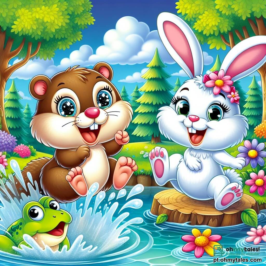 Uma marmota alegre chamada Mily, com pelagem marrom e olhos brilhantes, salta em um lago cintilante, espirrando água ao seu redor com um grande sorriso no rosto. Ao lado dela, uma coelhinha branca chamada Lola, com grandes orelhas e um laço rosa na cabeça, ri alto enquanto segura uma flor colorida em suas patas. Um sapo verde vivo chamado Tito, com grandes olhos redondos e uma língua longa, está em uma pedra à beira do lago, pronto para saltar, com um ar divertido. A cena acontece em uma floresta encantada, cheia de árvores com folhas brilhantes e flores multicoloridas, sob um céu azul claro com nuvens fofas. Mily, em plena ação, faz um salto espetacular na água, criando um grande respingo, enquanto Lola e Tito a incentivam rindo.