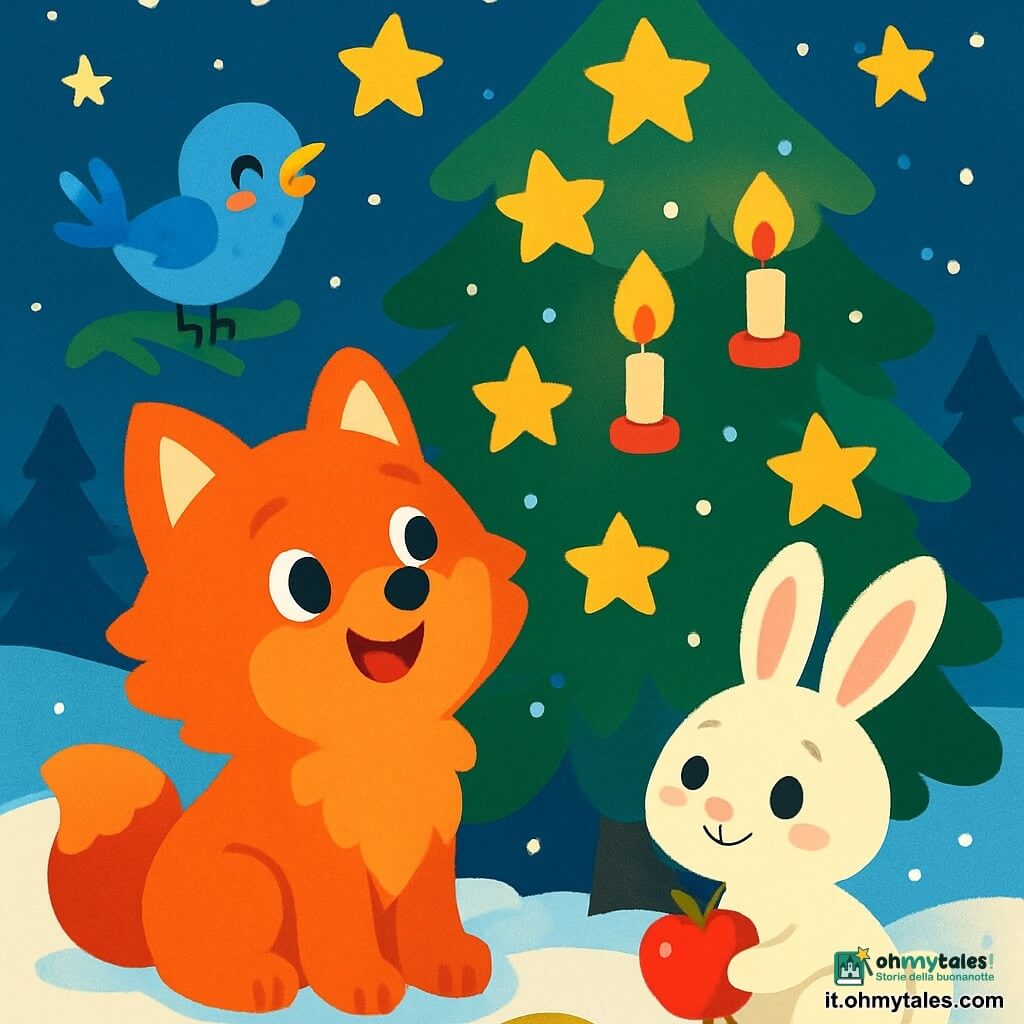 Un piccolo volpino di nome Rosso, con un pelage rosso brillante e occhi scintillanti di gioia, è seduto sotto un albero di Natale decorato. Sorride meravigliato, guardando le luci scintillanti. Accanto a lui, un piccolo uccellino blu canta allegramente, posato su un ramo. Un adorabile coniglietto bianco con grandi orecchie e occhi curiosi si trova vicino a Rosso, tenendo una piccola mela rossa tra le zampe. Il luogo è un tranquillo bosco innevato, con la neve che copre il suolo come un morbido tappeto bianco e fiocchi che cadono lentamente dal cielo stellato. La scena è illuminata da stelle brillanti, creando un'atmosfera magica. Rosso e i suoi amici decorano l'albero di Natale con stelle di carta e candele scintillanti, condividendo biscotti e risate nella dolce luce della notte.