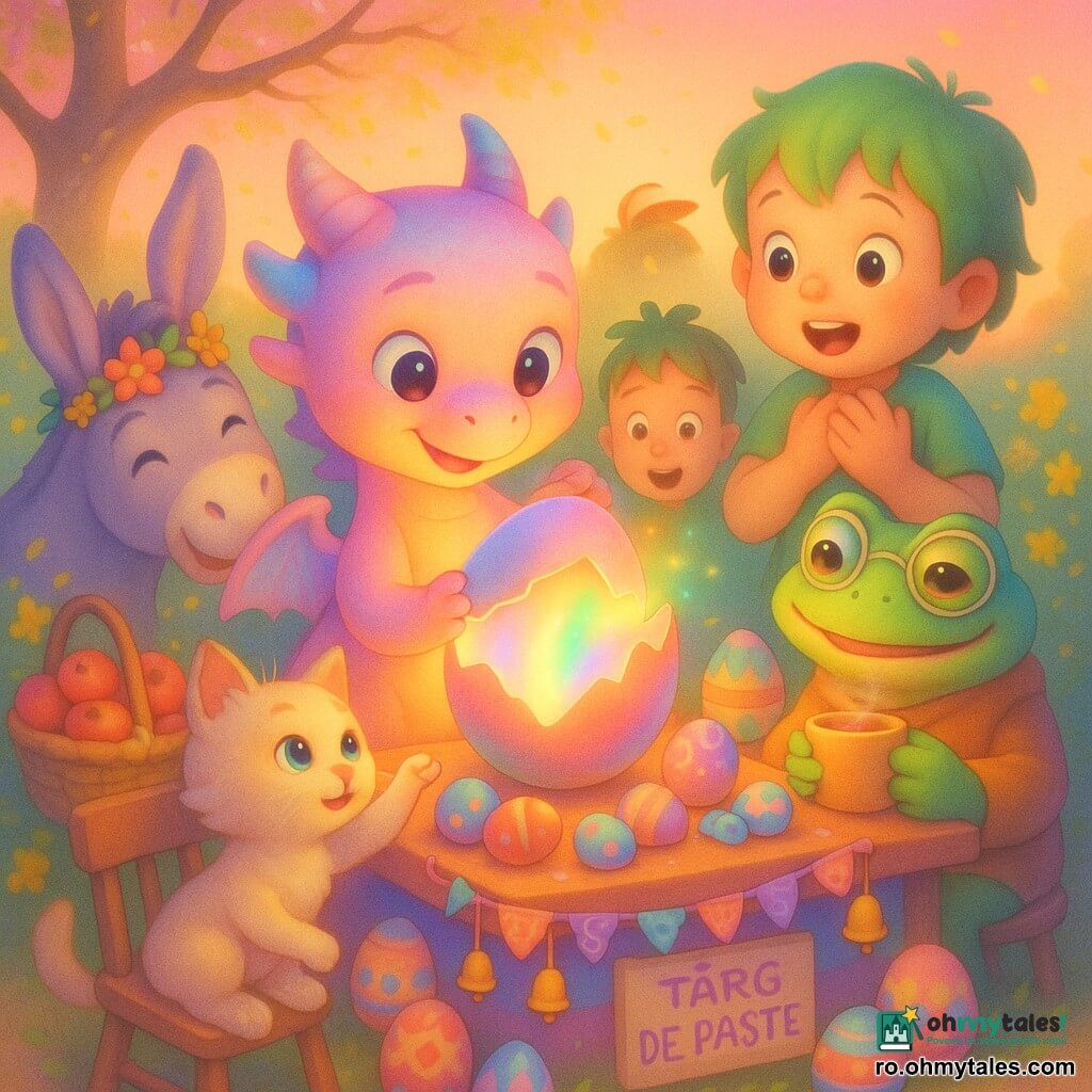 Un mic dragon numit Flori cu solzi ca confetti pastelate, ținând un ou mare deschis de pe care iese o lumină caldă multicoloră; lângă el, un copil curios cu păr verde, în picioare, cu mâinile la piept; măgarul Pufi cu coroniță de flori sprijinit de masă lângă un coș cu mere; pisicuța Emslina în șosete dantelate pe un scaun mic întinzând o lăbuță spre lumină; broscuța Zori cu ochelari ținând o băutură caldă; masa de târg colorată cu ouă vopsite, panglici și o pancartă „TÂRG DE PAȘTE”; fundal cu grădină primăvăratică, copac bătrân și cer roz-oranj; compoziție caldă, lumină difuză din ou, culori pastelate și atmosferă prietenoasă și magică.