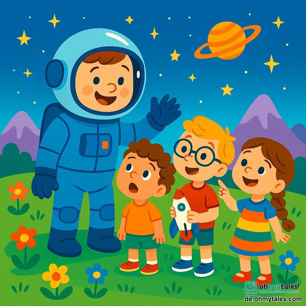 Ein lächelnder männlicher Astronaut mit einem glänzenden Helm und einem blauen Raumanzug steht auf dem grünen Boden eines neuen Planeten. Seine Augen strahlen vor Staunen und Freude. Er hebt die Hand, um Kinder zu begrüßen. Drei Kinder, zwei Jungen und ein Mädchen im Alter von 6 bis 8 Jahren, stehen neben ihm. Der erste Junge mit lockigem, braunem Haar schaut den Astronauten mit weit aufgerissenen Augen an, während der zweite Junge mit Brille und blonden Haaren ein kleines Raketenmodell hält. Das Mädchen mit einem Zopf und einem bunten Kleid lächelt und zeigt zum Himmel. Die Landschaft ist fantastisch: ein tiefblauer Himmel mit funkelnden Sternen, grüne Hügel und bunte Blumen, die im leichten Wind tanzen. In der Ferne sind majestätische Berge zu sehen. Der Astronaut erklärt begeistert seine Reise ins All, während die Kinder ihm aufmerksam lauschen, fasziniert von seinen Geschichten über Sterne und Planeten.