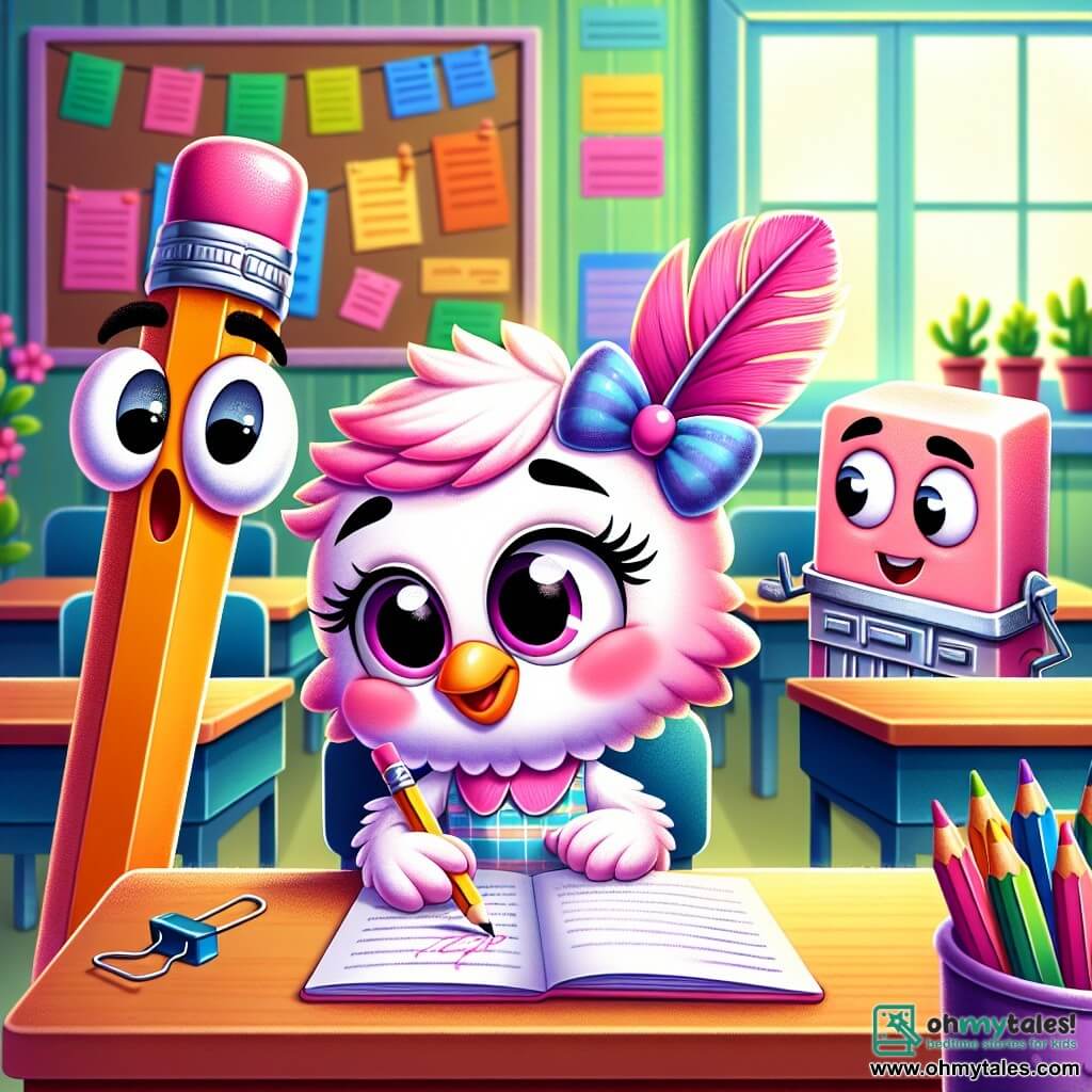 Penelope Pen, a pretty little pink pen with a shy smile, is sitting at her desk in a bright classroom, her eyes sparkling with determination but also sadness. She holds a pencil in her hand, looking at a hurtful message written on a piece of paper, its bright colors contrasting with the dark atmosphere of the situation. Next to her, Eraser, a round white eraser with a friendly face, looks worried, his eyes wide and his expression concerned, ready to support her. A bit further away, Ruler, a wooden ruler with a serious look, observes the scene with furrowed brows, as if pondering the best way to help. The classroom is filled with colorful school supplies, cheerful posters on the walls, and neatly arranged wooden desks, but the mood is tense. In the background, a few pencils whisper, their mocking faces revealing their meanness. The main situation shows Penelope, hurt by cruel words, but determined to change things. She lifts her head, ready to express her feelings and stand up for her friends, surrounded by her classmates, who are beginning to realize the importance of kindness.