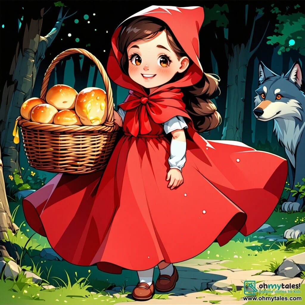 Little Red Riding Hood, an eight-year-old girl, wears a bright red cloak that floats around her like a cherry cloud. Her face is lit up by a determined smile, her eyes shining with curiosity and courage. She holds a wicker basket filled with golden bread and jars of honey, ready to help the forest inhabitants. Next to her, a silver-gray wolf with soft, sad eyes stands slightly back. He looks friendly and protective, his ears perked up, attentive to the sounds of the forest. The setting is in the heart of an enchanted forest, where tall, gnarled trees rise toward the sky, their green leaves sparkling in the sunlight. Colorful flowers blanket the ground, and a crystal-clear stream winds through the tree roots, adding a touch of magic to the environment. The main scene shows Little Red Riding Hood and the wolf picking up litter in the stream, united in their mission to save the forest. Their actions are full of determination and hope, symbolizing friendship and collaboration to protect their world.