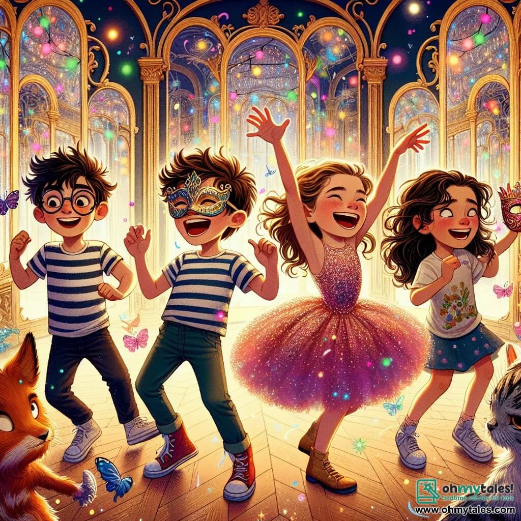 In an enchanted ballroom, four children stand together, amazed by the magic around them. Toby, a 10-year-old boy with messy brown hair and round glasses, joyfully dances at the center, wearing a colorful mask. To his right, Maya, a 9-year-old girl with long blonde hair, wears a sparkling pink dress and laughs with her arms raised, full of energy. On the left, Jake, a 10-year-old boy with black hair and a striped t-shirt, performs funny dance moves, sporting a lion mask. Finally, Lily, a 9-year-old girl with curly brown hair, stands slightly back, fascinated by a floating mask, her eyes shining with wonder. The ballroom is decorated with sparkling mirrors reflecting colorful lights, creating a fairy-tale atmosphere. Fantastical creatures, like dancing foxes and majestic birds, flutter around them, adding to the magic of the moment. The floor is covered in golden glitter that sparkles under the lights. The children dance together at a magical masked party, surrounded by enchanted creatures, discovering the joy and wonder of the carnival world.