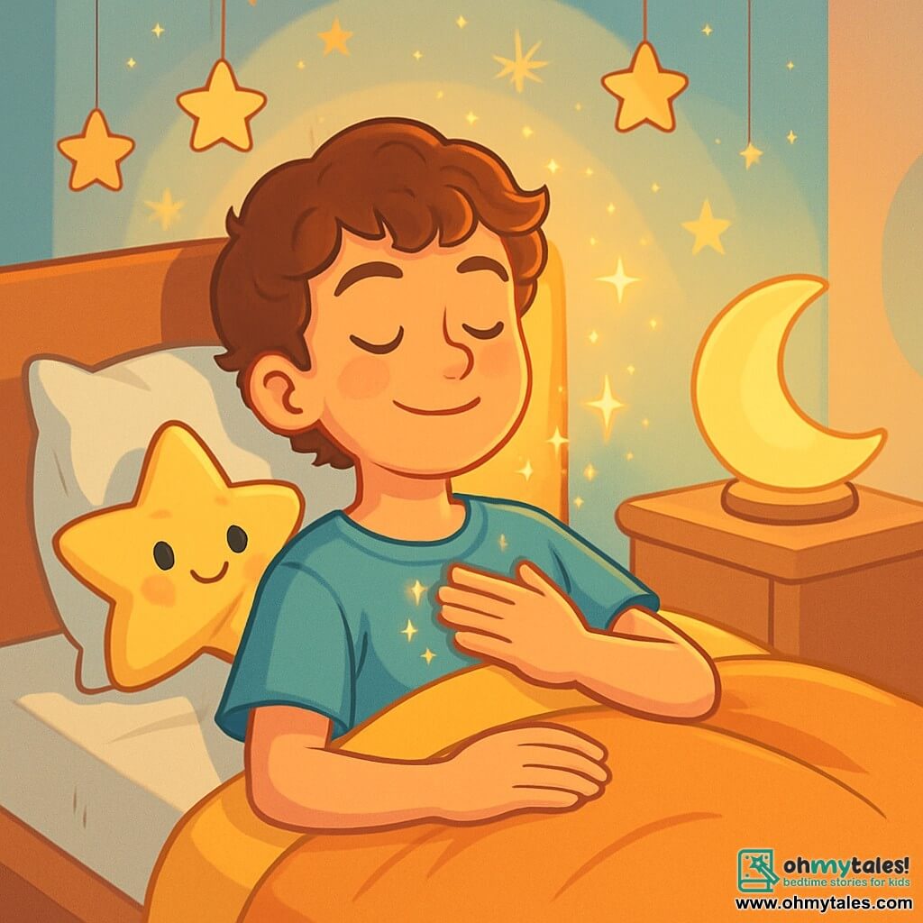 A 12-year-old boy with curly brown hair lies on a cozy bed, his face radiating serenity and calm. His eyes are closed, and a slight smile graces his lips as he breathes deeply, surrounded by a soft golden light. Next to him, a small star-shaped plush toy with bright eyes and a soothing smile seems to watch over him, adding a touch of magic to the scene. The room is decorated with pastel-colored walls, twinkling stars hanging from the ceiling, and a fluffy cloud-shaped rug inviting relaxation. A moon-shaped lamp emits a gentle light, creating a warm and comforting atmosphere. In this illustration, the boy is in a cocoon of light and peace, breathing slowly, while starlight patterns dance around him, symbolizing tranquility and the journey to sleep.