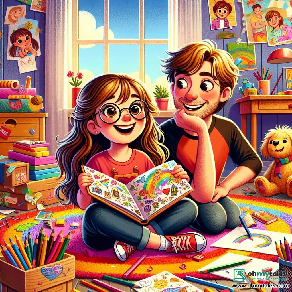 A 10-year-old girl with long brown hair and round glasses is sitting on a colorful rug in her messy room, surrounded by colorful papers and crayons. She has a bright smile and sparkling eyes, holding a handmade book decorated with drawings and collages. Next to her, her 4-year-old brother Timmy, with messy blonde hair and a red t-shirt, is happily drawing with colored pencils, looking at his sister with admiration. The room is filled with light, with cartoon posters on the walls, scattered toys, and an open window letting in a warm ray of sunshine. The main scene shows the girl proudly presenting her book to her father, who has just entered the room with his arms full of cakes. The father, a smiling man with a brown beard and a kitchen apron, looks surprised and delighted, his eyes shining with pride.