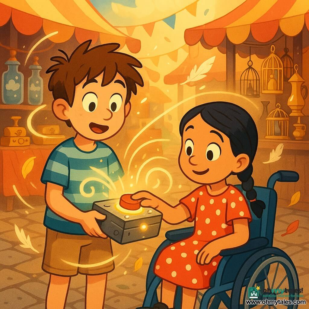 Two children, about eight: a boy with messy brown hair in a blue-and-white striped t-shirt and khaki shorts stands left holding a small metal box with glowing buttons, looking amazed; a girl with black braided hair in a blue wheelchair with a yellow cushion wears a red polka-dot dress, sits slightly right and forward, smiling as she touches a large red button on the box. They are in a colorful old market with cobbled alleys, red-and-ochre striped canvas tents and wooden stalls displaying bottles with mini clouds, golden music boxes, birdcages, oil lamps and bunting, bathed in golden morning light with soft shadows and dust motes. The children activate a magical box that spins the air around them, producing spiraling light trails, floating fabrics and papers, and lifted feathers and leaves; the composition centers on the glowing box with the bustling market blurred in the background.