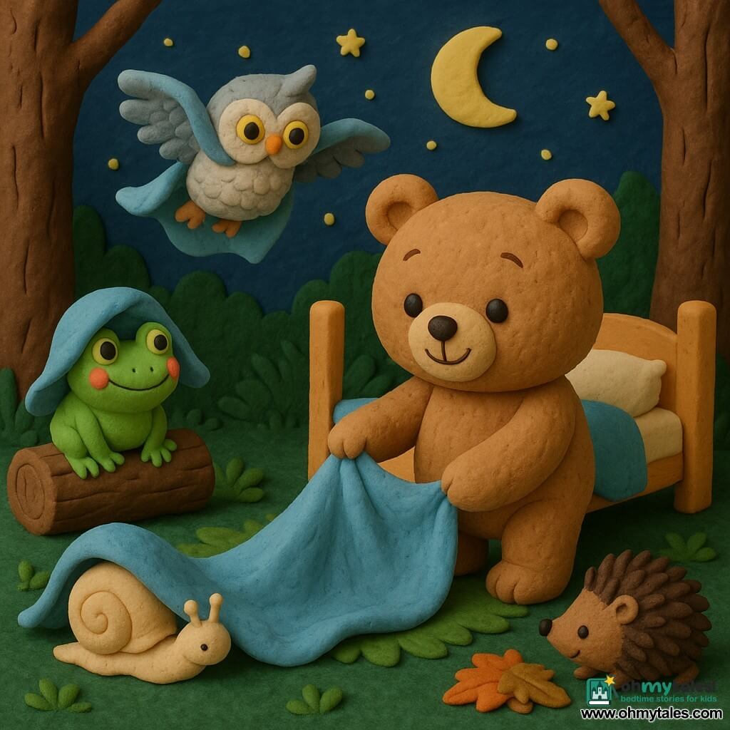 A round, soft light-brown teddy bear with shiny black eyes smiles peacefully as it pulls a blue blanket toward its small pastel-painted bed in a clay-model nighttime clearing; a tiny glossy green frog with rosy cheeks wears the blanket like a hat while winking on a log to the bear’s left, a small beige snail with a cream spiral shell peeks out from under the blanket-tent and inches ahead, a pearly-gray fluffy-eyed owl drapes the blanket over its outstretched wings as it hovers above, and a dark brown spiky yet cute hedgehog has wrapped the blanket as a cape and rolls it toward the bear near a pile of leaves; textured dark-green grass, sculpted brown tree trunks, a deep-blue sky with a soft yellow moon and dotted stars complete the warm, calm, playful scene focused on the blanket passing from character to character until the bear finally receives it.