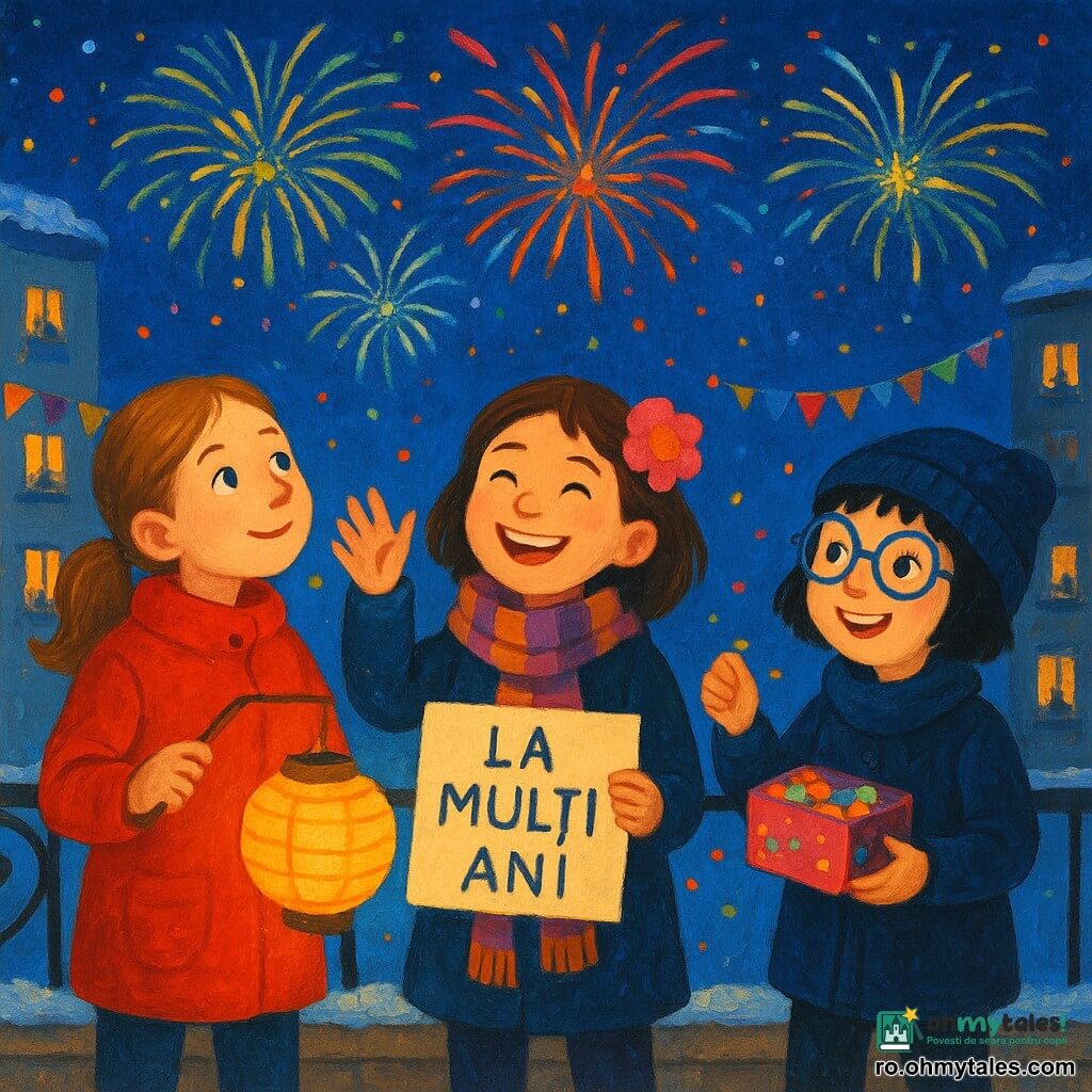 Trei fete pe un balcon într-o seară de iarnă: Maria, ~10 ani, coadă scurtă și palton roșu, stânga, ține un lampion galben și privește artificiile; Sofia, ~9 ani, centrul, cu floare roz în păr și eșarfă în dungi, zâmbește și agită un carton pe care scrie „La mulți ani”; Ana, ~10 ani, dreapta, păr scurt și ochelari rotunzi albaștri, poartă căciulă și oferă un bilet dintr-o cutie colorată; balustradă de fier forjat cu zăpadă, lumini calde din apartament, ghirlande și lampioane suspendate, vecini la ferestre și balcoane opuse; fetele schimbă urări de Anul Nou în mai multe limbi, lampioane aprinse, confetti colorate și un mare foc de artificii peste oraș.