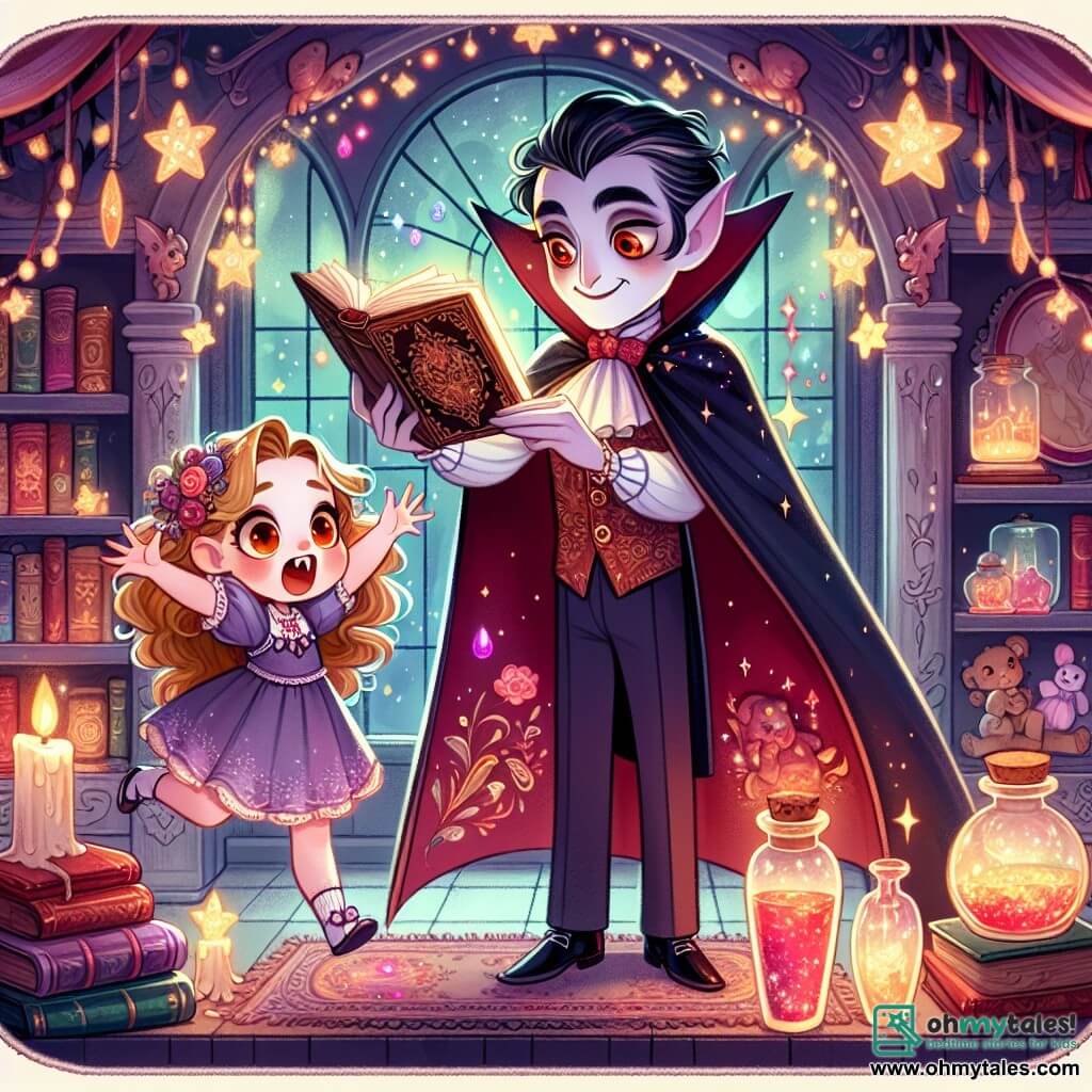 In the center of the image, Victor, the vampire, is depicted as a friendly character with pale skin and black hair, wearing a flowing cape that sparkles like the starry night. His expression is gentle and welcoming, with a slight smile, as he holds an ancient open book in front of him, ready to tell a magical story. Beside him, Lily, a young girl of about 10, has large bright eyes and golden curly hair. She is jumping with joy, holding a small bag filled with magical treasures, with a look of wonder on her face. The setting is Victor's warm and inviting home, filled with colorful books, sparkling potions, and soft lights dancing around them, creating a fairy-tale atmosphere. The main scene shows Victor sharing a captivating story with Lily, who listens intently, eager to discover the secrets of the magical forest. Glimmers of light and twinkling stars float around them, adding a touch of magic to this enchanted scene.