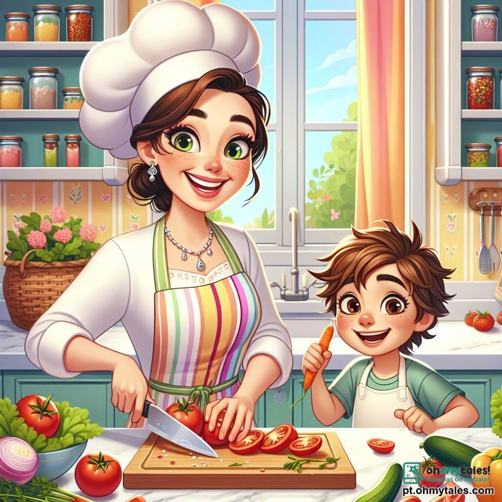 A Chef Ana, uma mulher sorridente de cerca de trinta anos, usa um grande chapéu de chef e um elegante avental colorido. Seus olhos brilham de alegria enquanto ela corta tomates suculentos em uma tábua de madeira, cercada por legumes frescos. Ao seu lado, Lucas, um garoto de sete anos com cabelos castanhos bagunçados e um grande sorriso, segura uma cenoura em uma mão e uma faca de plástico na outra, pronto para aprender. A cena acontece em uma cozinha iluminada e acolhedora, com paredes pintadas de amarelo pastel, prateleiras cheias de potes de especiarias coloridos e janelas que deixam entrar a luz do sol, iluminando a bancada de mármore. Nesta ilustração, Chef Ana e Lucas estão preparando juntos uma salada mágica, cheia de cores vivas e texturas apetitosas, enquanto risadas e alegria se espalham pelo ar, simbolizando sua cumplicidade e paixão pela culinária.