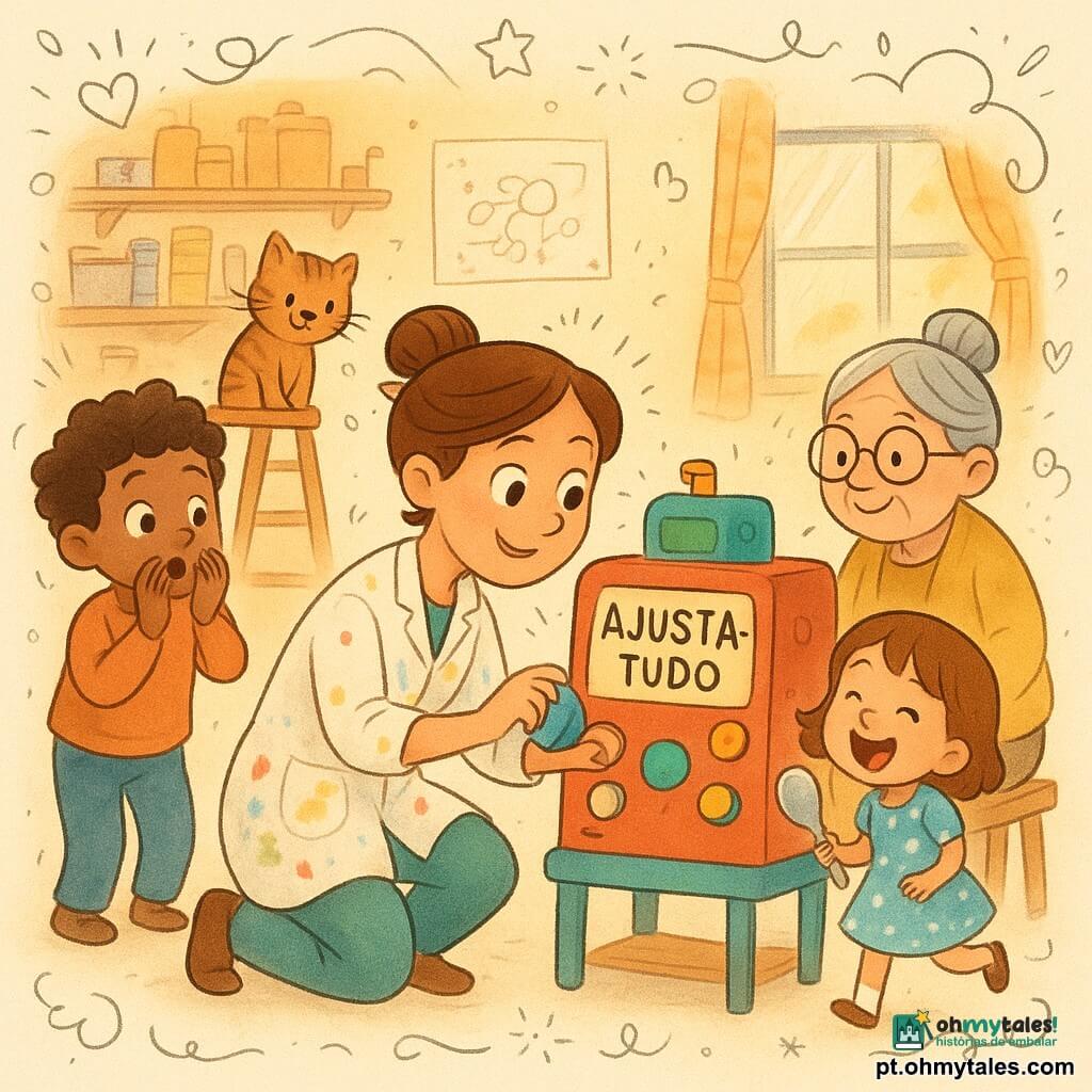 Uma inventora sorridente, calma e curiosa, cabelos castanhos presos com um lápis, bata manchada de tinta, ajoelhada diante de uma máquina colorida chamada "Ajusta-tudo" e girando delicadamente um grande botão azul; à esquerda, um menino de cerca de 6 anos, cabelos encaracolados, fascinado, mãos na boca e na ponta dos pés; à direita, uma menina de cerca de 4 anos, vestido de bolinhas, segura uma colher aumentada, ri e salta levemente; uma idosa de ~70 anos, cabelo grisalho em coque e óculos redondos, sentada num pequeno banco ajustado diante da máquina com a mão no encosto e sorriso agradecido; um gatinho tigrado numa escada miniatura miando; oficina acolhedora com prateleiras de madeira cheias de caixas, barbantes e peças metálicas coloridas, posters de esboços, luz dourada entrando por uma janela redonda com cortina xadrez; a máquina altera o tamanho de um banco com efeito suave de oscilação entre pequeno e grande, pequenas estrelas e traços de movimento ao redor dos botões, paleta quente e pastel, traços arredondados e composição centrada na inventora e na máquina.