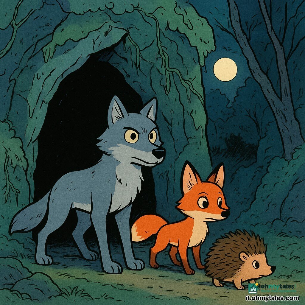 Un giovane lupo di nome Bruma, dal manto grigio argentato e dagli occhi brillanti di determinazione, si trova all'ingresso di una gola oscura e misteriosa. Al suo fianco, una piccola volpe di nome Lira, dal manto rosso brillante e dagli occhi vivaci, osserva attentamente l'oscurità, con le orecchie puntate in avanti. Un riccio coraggioso, Nocciolo, con i suoi aculei ritti e gli occhi curiosi, è accanto a Bruma, pronto ad avanzare. La gola è circondata da pareti rocciose coperte di muschio e liane, bagnata da una luce lunare che crea ombre danzanti. La situazione principale mostra Bruma e i suoi amici pronti a penetrare nella gola, il loro coraggio illumina la scena nonostante l'atmosfera inquietante.